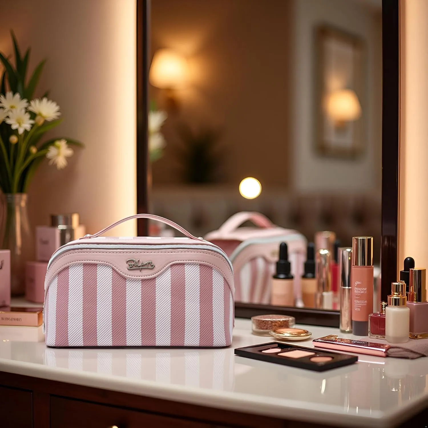 BOYATU Travel Makeup Bag for Women: Large Cosmetic Bag Set of 3 - Vegan Leather Make up Bag with Compartments - Compact Waterproof Toiletry Bag with Divider & Handle (01Pink)