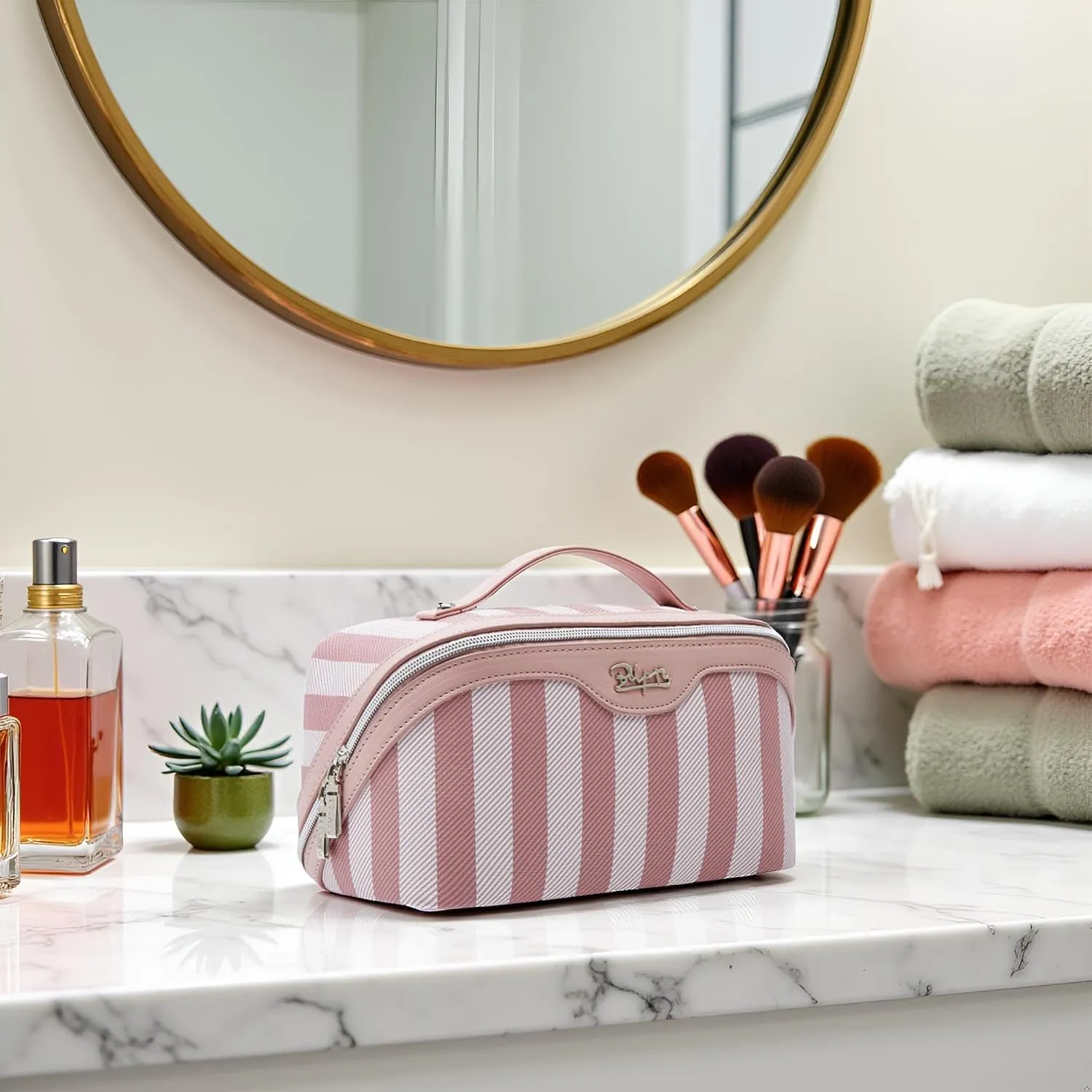 BOYATU Travel Makeup Bag for Women: Large Cosmetic Bag Set of 3 - Vegan Leather Make up Bag with Compartments - Compact Waterproof Toiletry Bag with Divider & Handle (01Pink)
