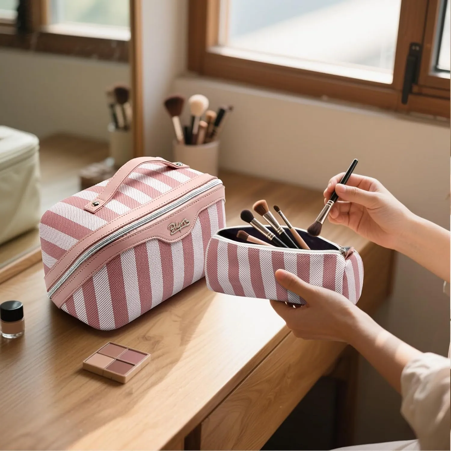 BOYATU Travel Makeup Bag for Women: Large Cosmetic Bag Set of 3 - Vegan Leather Make up Bag with Compartments - Compact Waterproof Toiletry Bag with Divider & Handle (01Pink)