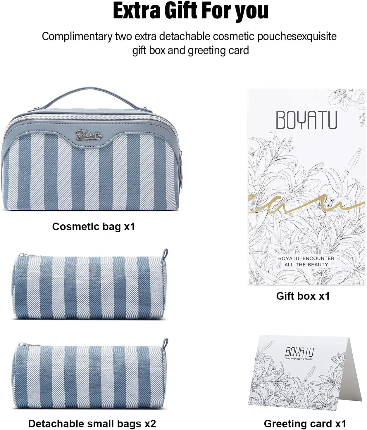 BOYATU Travel Makeup Bag for Women: Large Cosmetic Bag Set of 3 - Vegan Leather Make up Bag with Compartments - Compact Waterproof Toiletry Bag with Divider & Handle (02Blue)