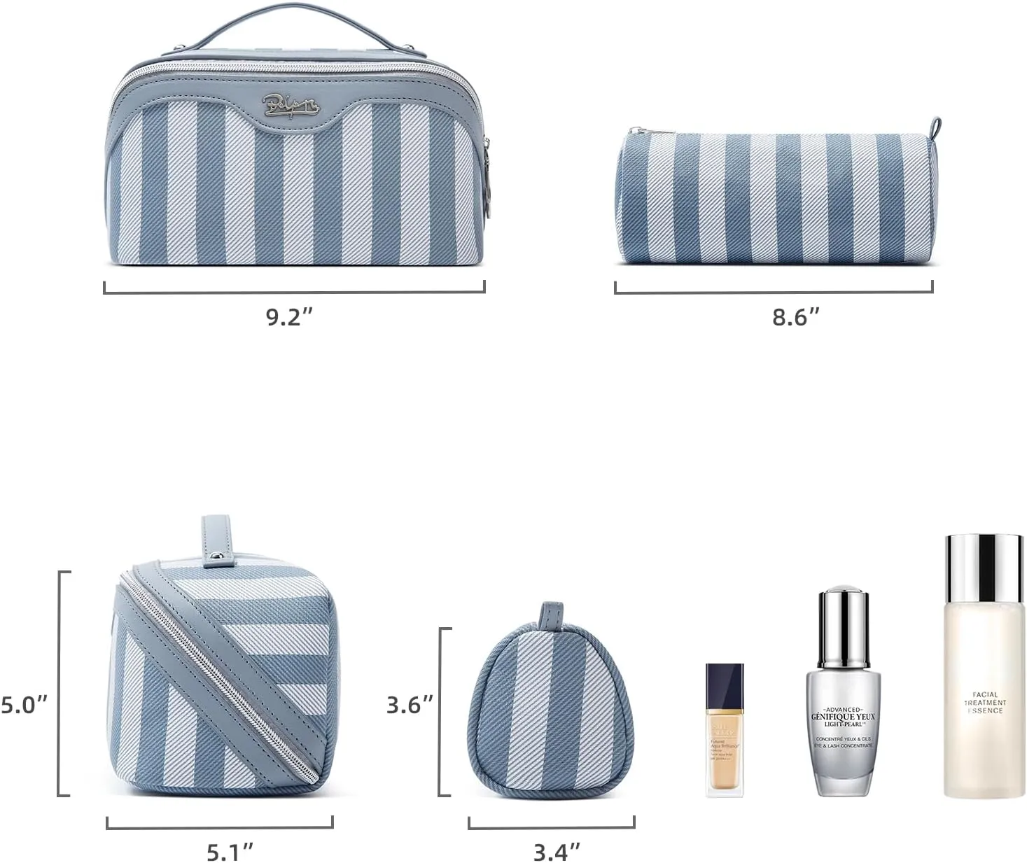 BOYATU Travel Makeup Bag for Women: Large Cosmetic Bag Set of 3 - Vegan Leather Make up Bag with Compartments - Compact Waterproof Toiletry Bag with Divider & Handle (02Blue)