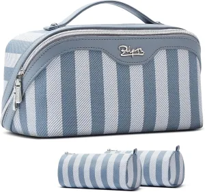 BOYATU Travel Makeup Bag for Women: Large Cosmetic Bag Set of 3 - Vegan Leather Make up Bag with Compartments - Compact Waterproof Toiletry Bag with Divider & Handle (02Blue)