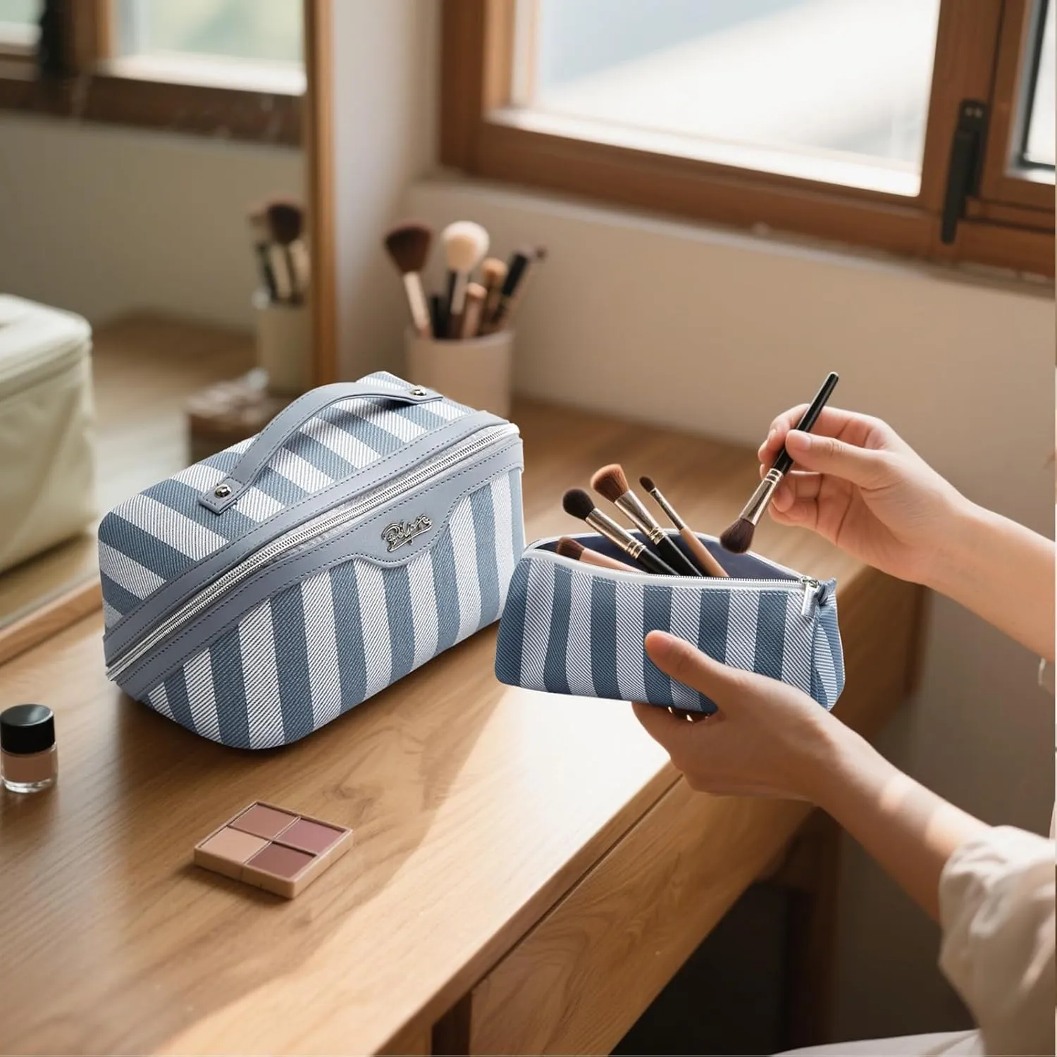 BOYATU Travel Makeup Bag for Women: Large Cosmetic Bag Set of 3 - Vegan Leather Make up Bag with Compartments - Compact Waterproof Toiletry Bag with Divider & Handle (02Blue)
