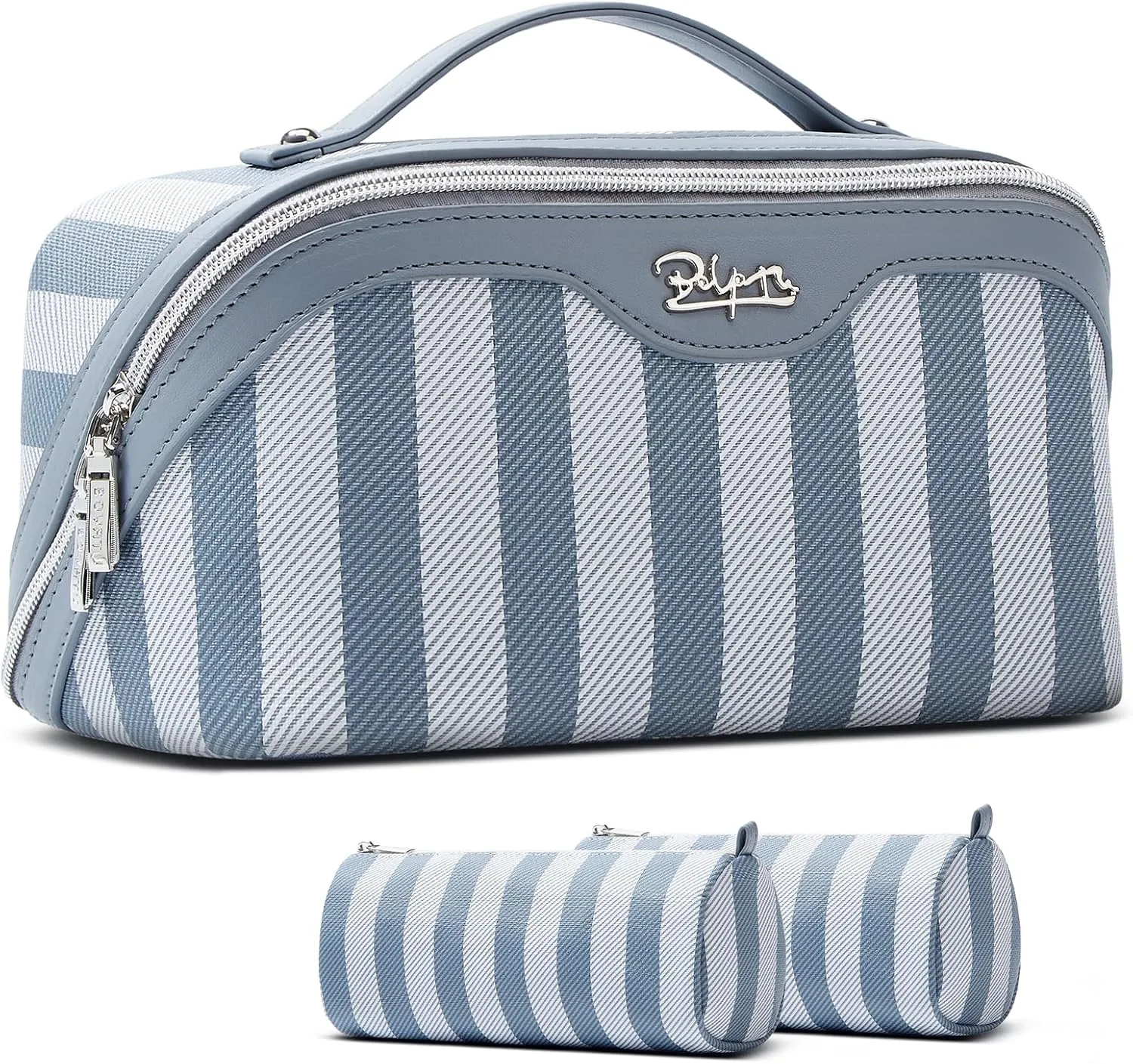 BOYATU Travel Makeup Bag for Women: Large Cosmetic Bag Set of 3 - Vegan Leather Make up Bag with Compartments - Compact Waterproof Toiletry Bag with Divider & Handle (02Blue)