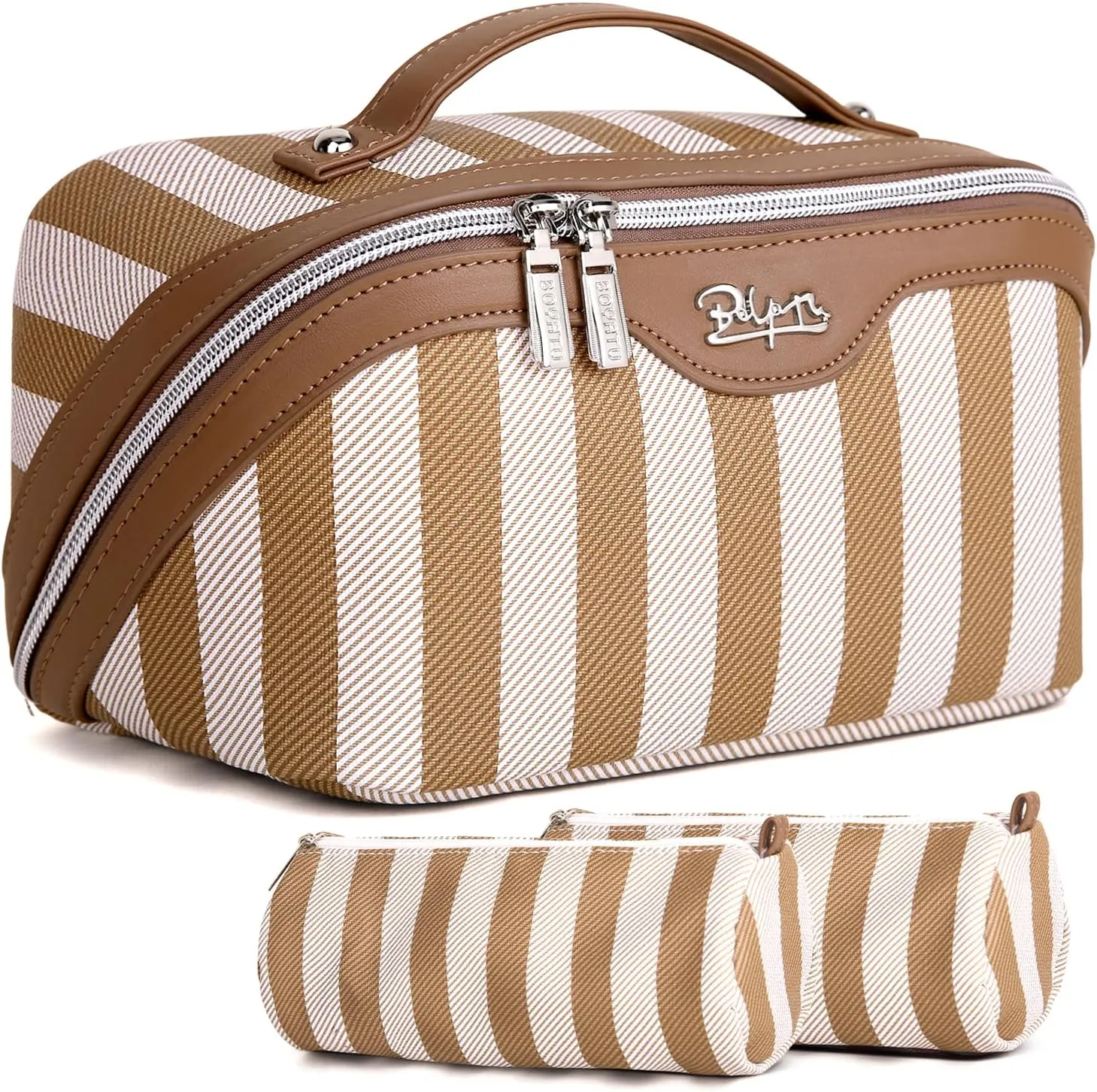 BOYATU Travel Makeup Bag for Women: Large Cosmetic Bag Set of 3 - Vegan Leather Make up Bag with Compartments - Compact Waterproof Toiletry Bag with Divider & Handle (03Khaki)