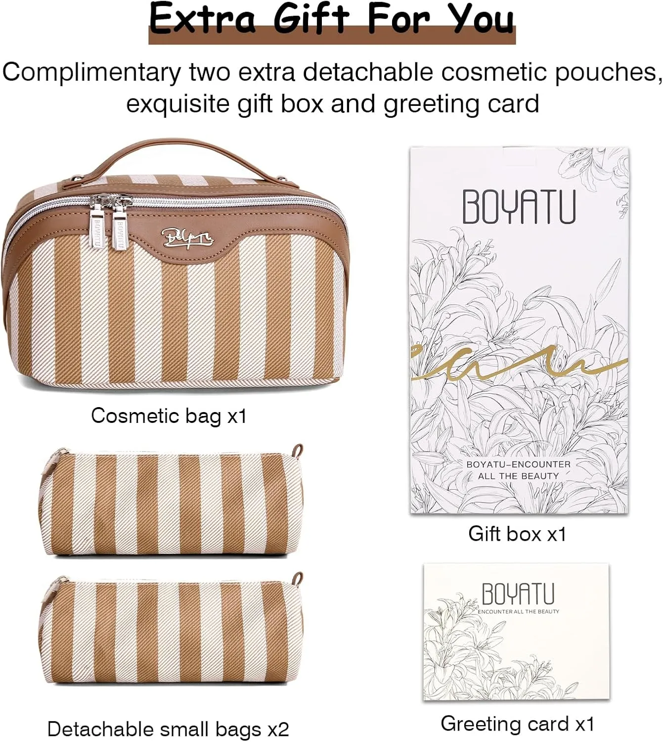BOYATU Travel Makeup Bag for Women: Large Cosmetic Bag Set of 3 - Vegan Leather Make up Bag with Compartments - Compact Waterproof Toiletry Bag with Divider & Handle (03Khaki)