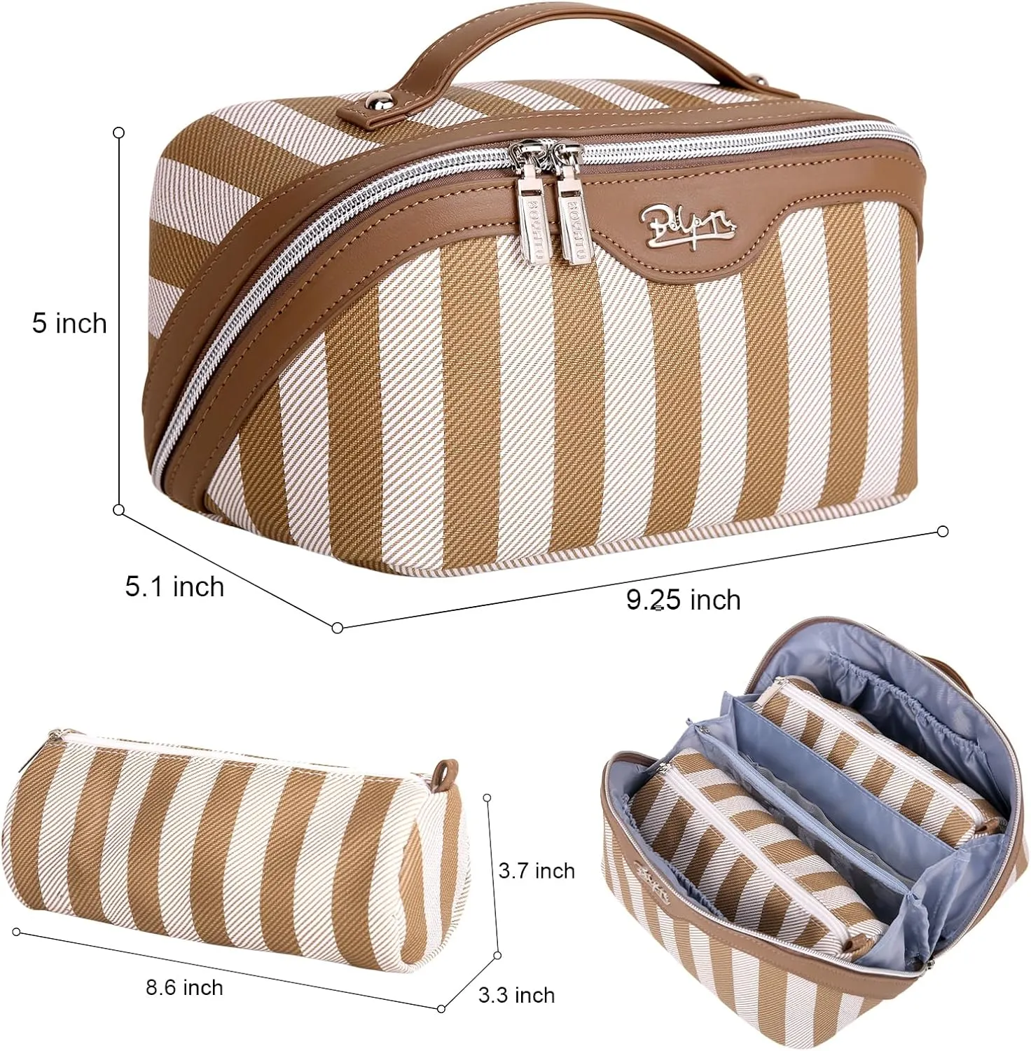 BOYATU Travel Makeup Bag for Women: Large Cosmetic Bag Set of 3 - Vegan Leather Make up Bag with Compartments - Compact Waterproof Toiletry Bag with Divider & Handle (03Khaki)