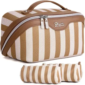 BOYATU Travel Makeup Bag for Women: Large Cosmetic Bag Set of 3 - Vegan Leather Make up Bag with Compartments - Compact Waterproof Toiletry Bag with Divider & Handle (03Khaki)