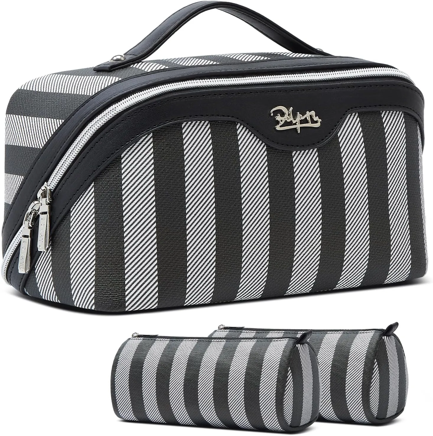 BOYATU Travel Makeup Bag for Women: Large Cosmetic Bag Set of 3 - Vegan Leather Make up Bag with Compartments - Compact Waterproof Toiletry Bag with Divider & Handle (04Black)