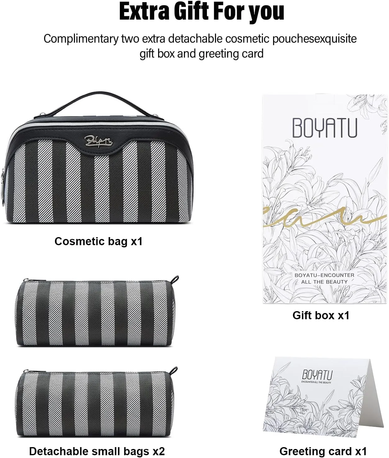 BOYATU Travel Makeup Bag for Women: Large Cosmetic Bag Set of 3 - Vegan Leather Make up Bag with Compartments - Compact Waterproof Toiletry Bag with Divider & Handle (04Black)
