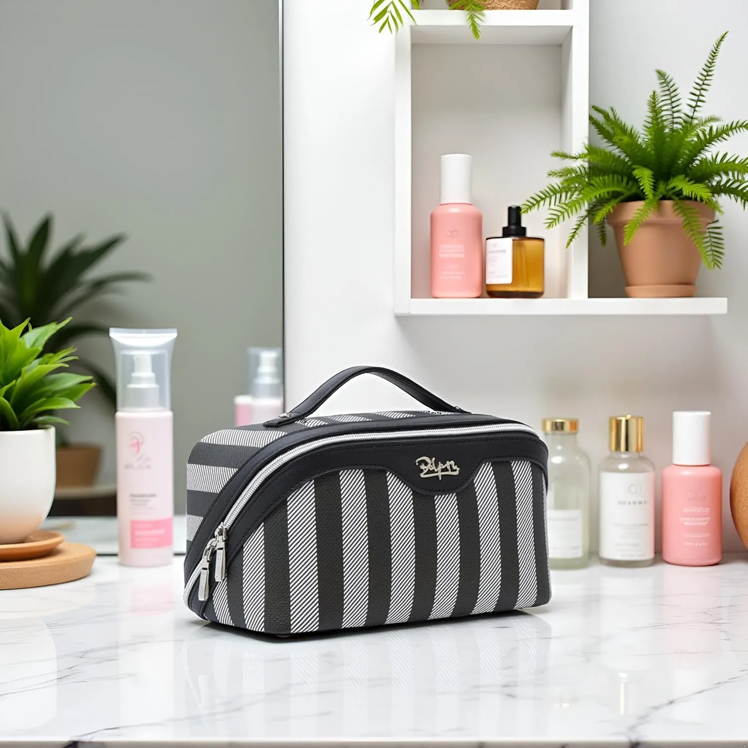 BOYATU Travel Makeup Bag for Women: Large Cosmetic Bag Set of 3 - Vegan Leather Make up Bag with Compartments - Compact Waterproof Toiletry Bag with Divider & Handle (04Black)