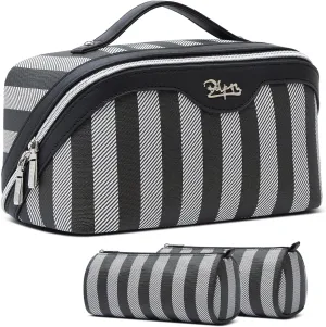 BOYATU Travel Makeup Bag for Women: Large Cosmetic Bag Set of 3 - Vegan Leather Make up Bag with Compartments - Compact Waterproof Toiletry Bag with Divider & Handle (04Black)