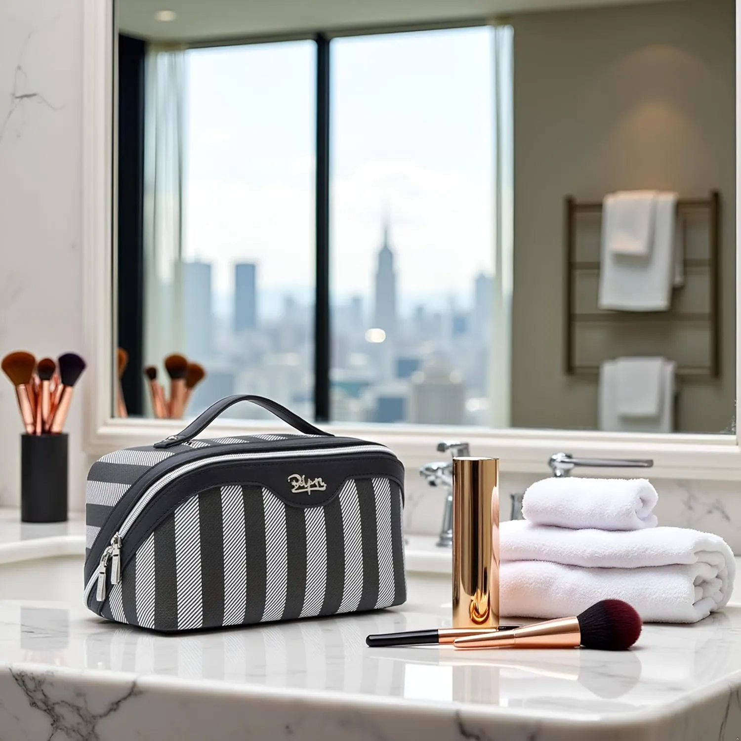 BOYATU Travel Makeup Bag for Women: Large Cosmetic Bag Set of 3 - Vegan Leather Make up Bag with Compartments - Compact Waterproof Toiletry Bag with Divider & Handle (04Black)