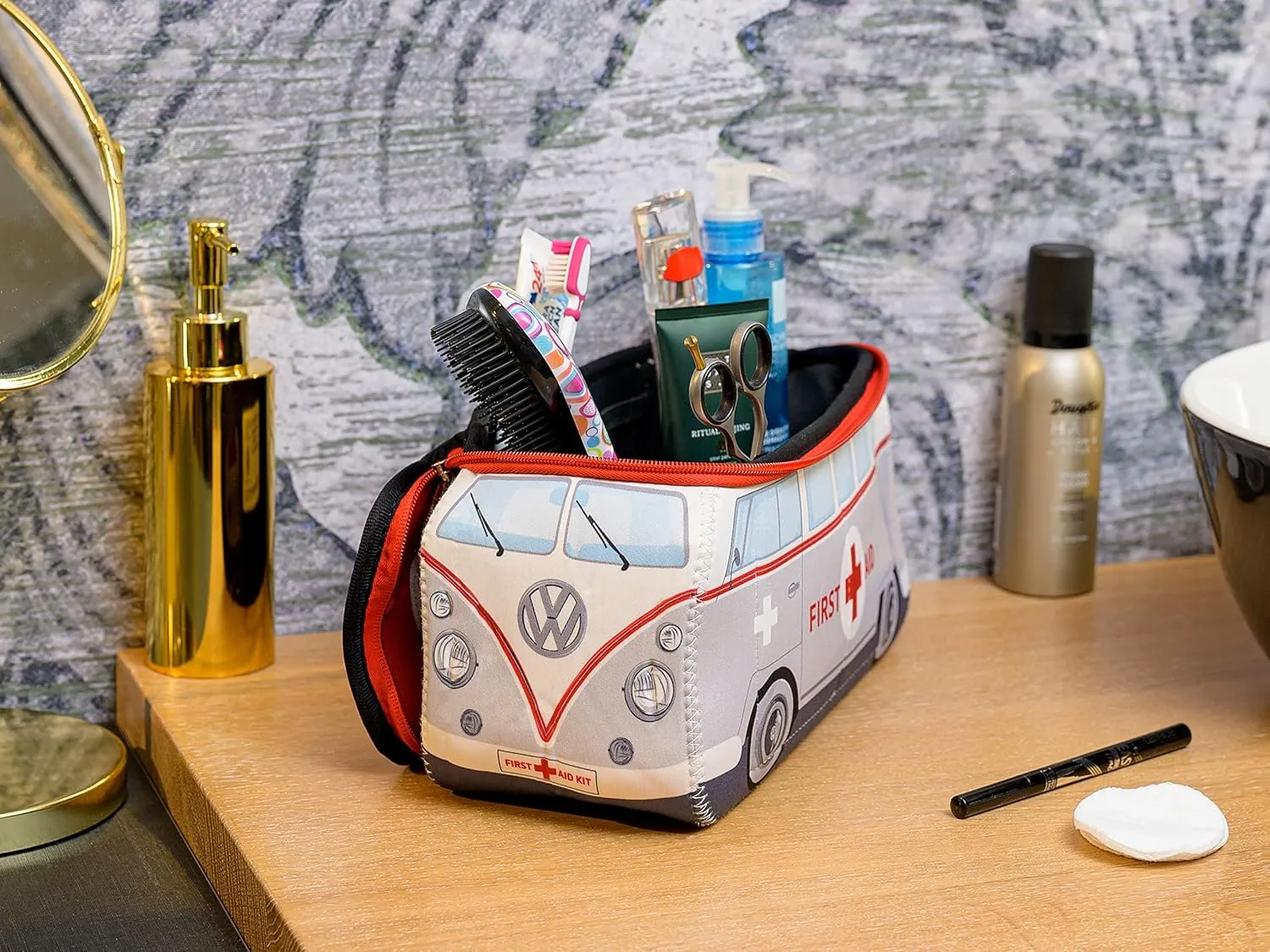 BRISA VW Collection - Volkswagen Neoprene Universal Makeup Cosmetics Toiletry Travel Pharmacy Bag in T1 Bus Design (First Aid/Gray/Large)