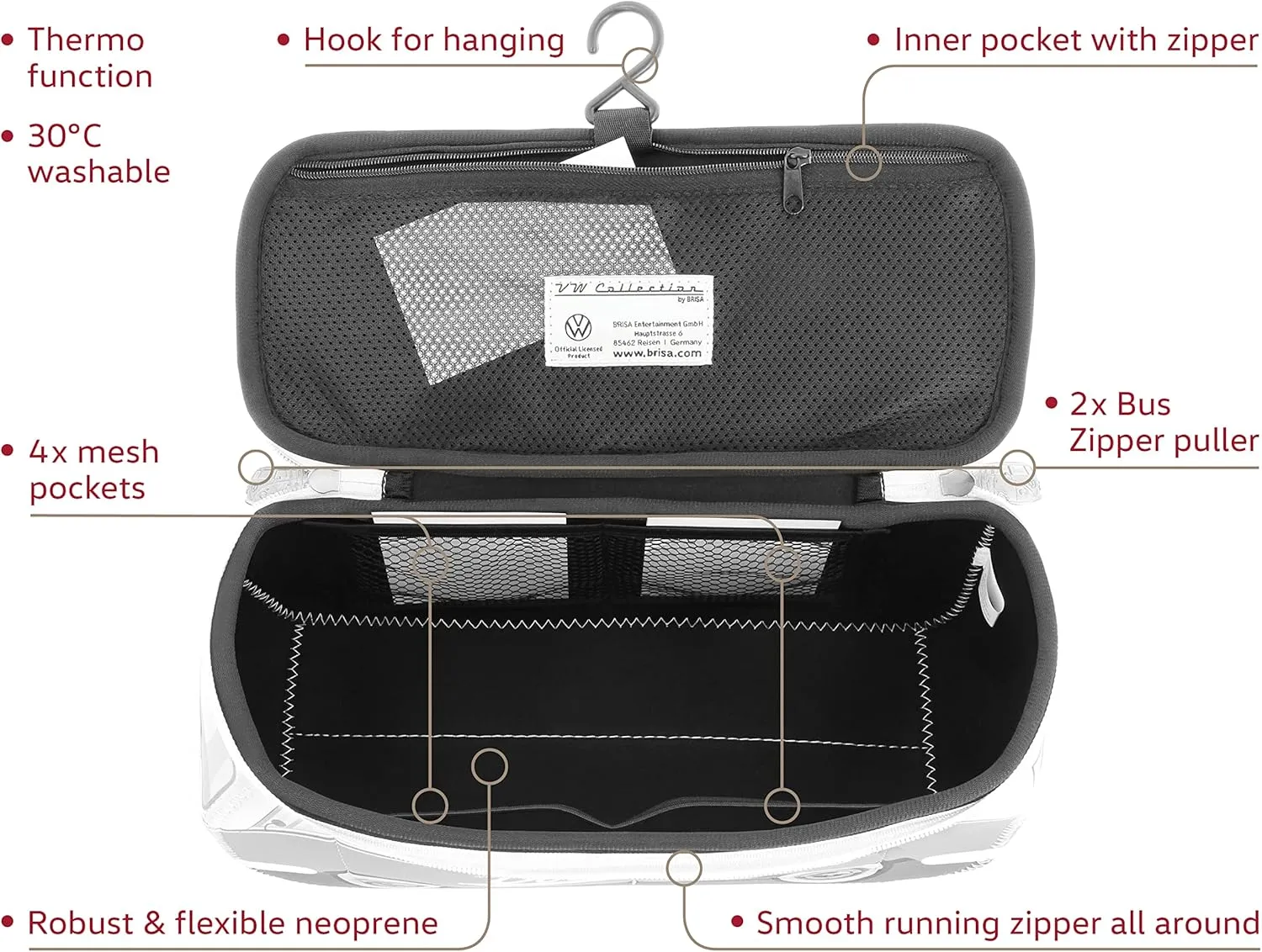 BRISA VW Collection - Volkswagen Neoprene Universal Makeup Cosmetics Toiletry Travel Pharmacy Bag in T1 Bus Design (First Aid/Gray/Large)
