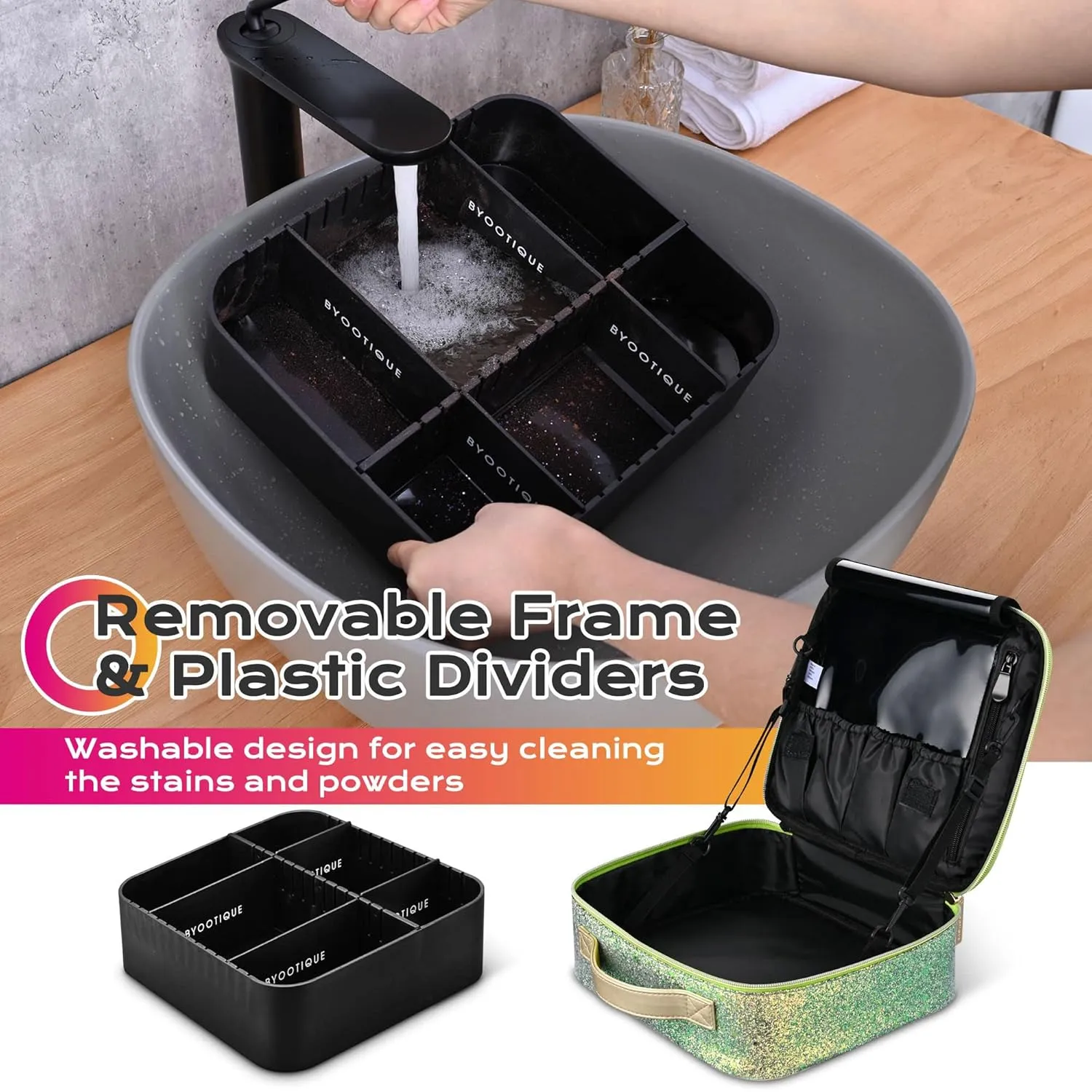 BYOOTIQUE Travel Makeup Train Cases Sequin Cosmetic Bag Professional Lipstick Organizer with Adjustable Dividers for Cosmetics Makeup Brushes Lipstick Toiletry Travel Accessories, Glitter Green
