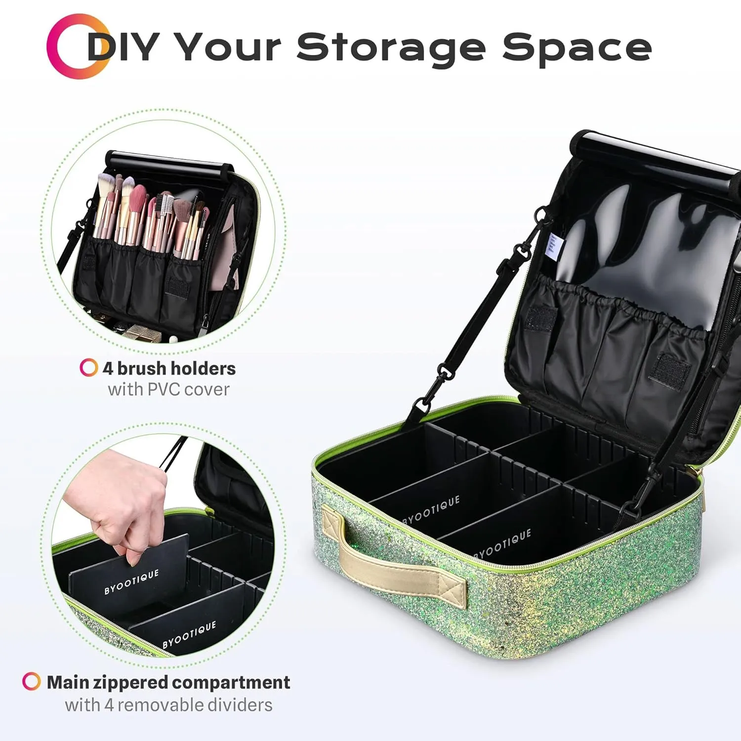 BYOOTIQUE Travel Makeup Train Cases Sequin Cosmetic Bag Professional Lipstick Organizer with Adjustable Dividers for Cosmetics Makeup Brushes Lipstick Toiletry Travel Accessories, Glitter Green