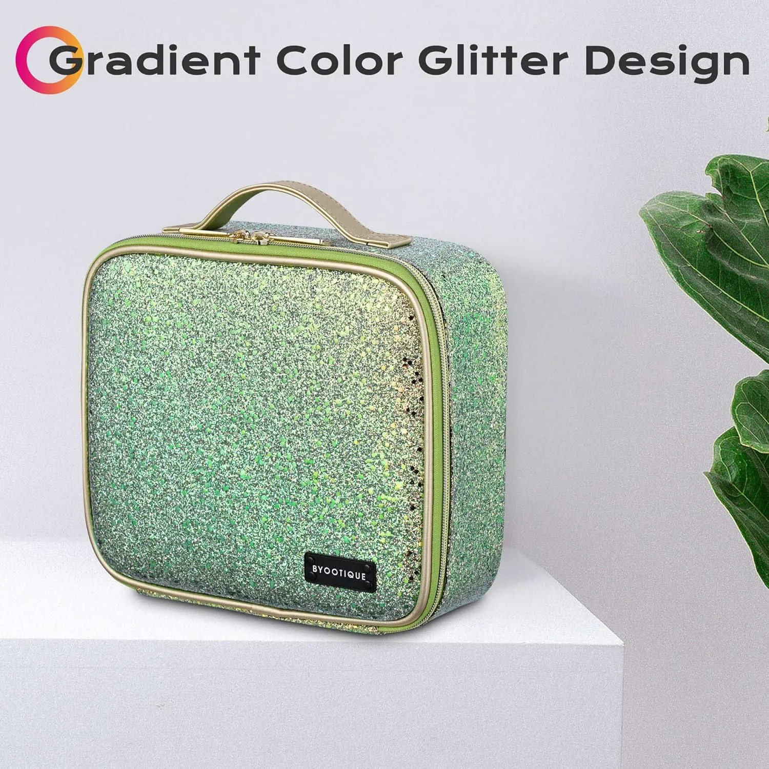 BYOOTIQUE Travel Makeup Train Cases Sequin Cosmetic Bag Professional Lipstick Organizer with Adjustable Dividers for Cosmetics Makeup Brushes Lipstick Toiletry Travel Accessories, Glitter Green