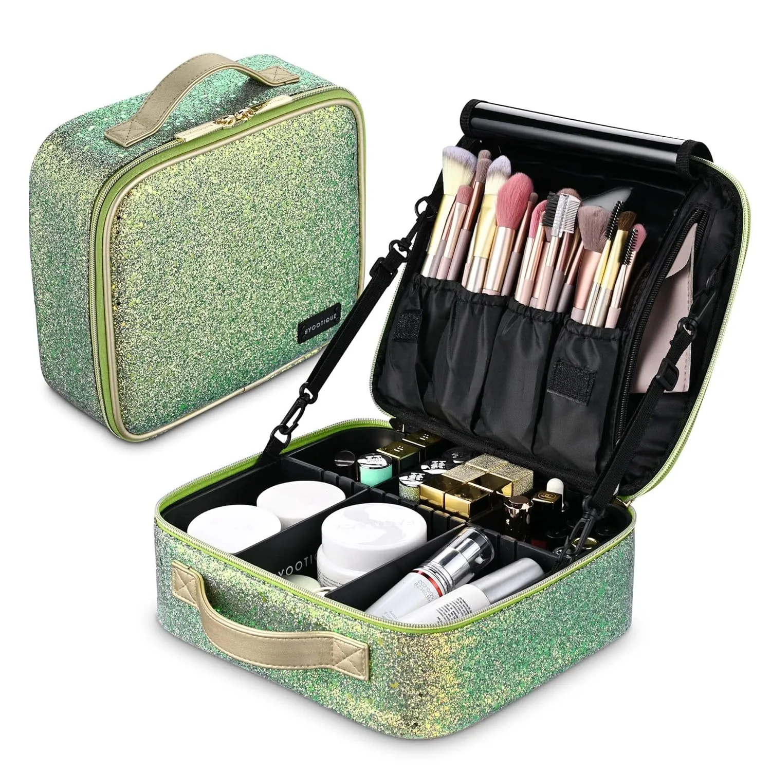 BYOOTIQUE Travel Makeup Train Cases Sequin Cosmetic Bag Professional Lipstick Organizer with Adjustable Dividers for Cosmetics Makeup Brushes Lipstick Toiletry Travel Accessories, Glitter Green