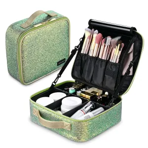 BYOOTIQUE Travel Makeup Train Cases Sequin Cosmetic Bag Professional Lipstick Organizer with Adjustable Dividers for Cosmetics Makeup Brushes Lipstick Toiletry Travel Accessories, Glitter Green