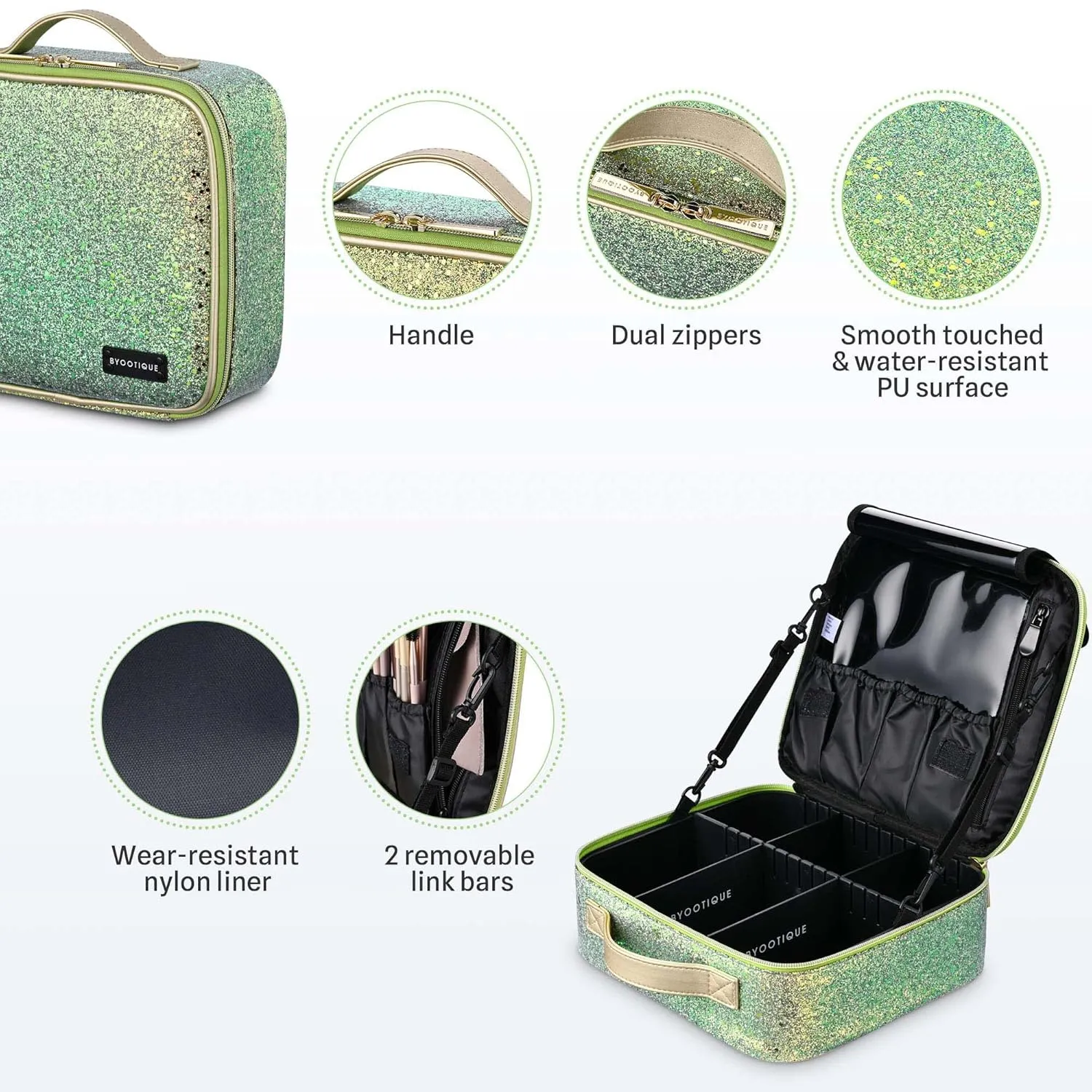 BYOOTIQUE Travel Makeup Train Cases Sequin Cosmetic Bag Professional Lipstick Organizer with Adjustable Dividers for Cosmetics Makeup Brushes Lipstick Toiletry Travel Accessories, Glitter Green