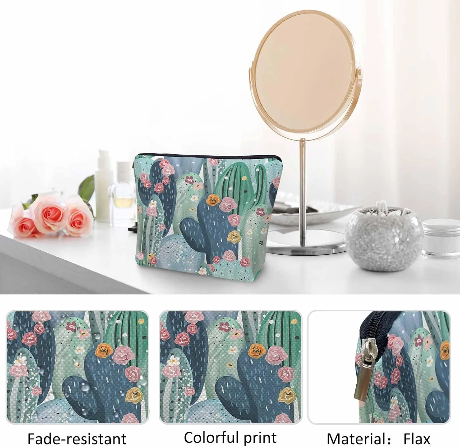 Cactus Cosmetic Bags For Women, Floral Cactus Succulent Cacti Green Roomy Makeup Bag Toiletry Bag Accessories Organizer Storage Bags Makeup Pouch For Travel Business Gym Camping Bathroom