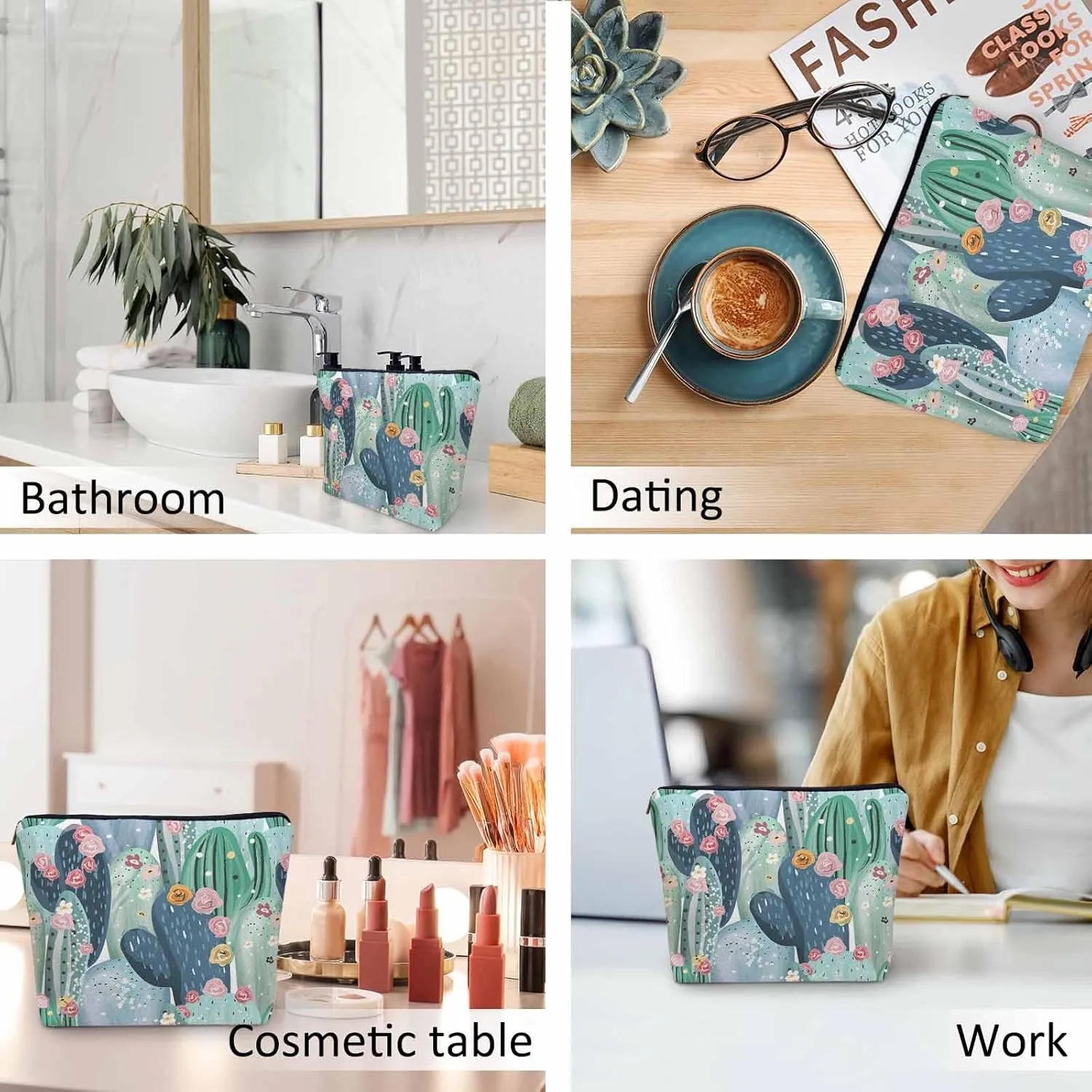 Cactus Cosmetic Bags For Women, Floral Cactus Succulent Cacti Green Roomy Makeup Bag Toiletry Bag Accessories Organizer Storage Bags Makeup Pouch For Travel Business Gym Camping Bathroom