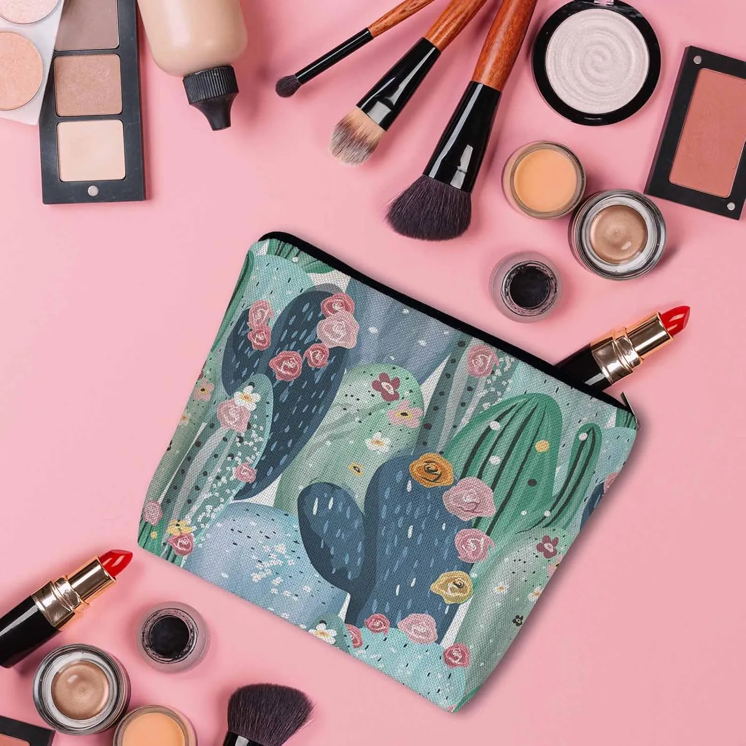 Cactus Cosmetic Bags For Women, Floral Cactus Succulent Cacti Green Roomy Makeup Bag Toiletry Bag Accessories Organizer Storage Bags Makeup Pouch For Travel Business Gym Camping Bathroom