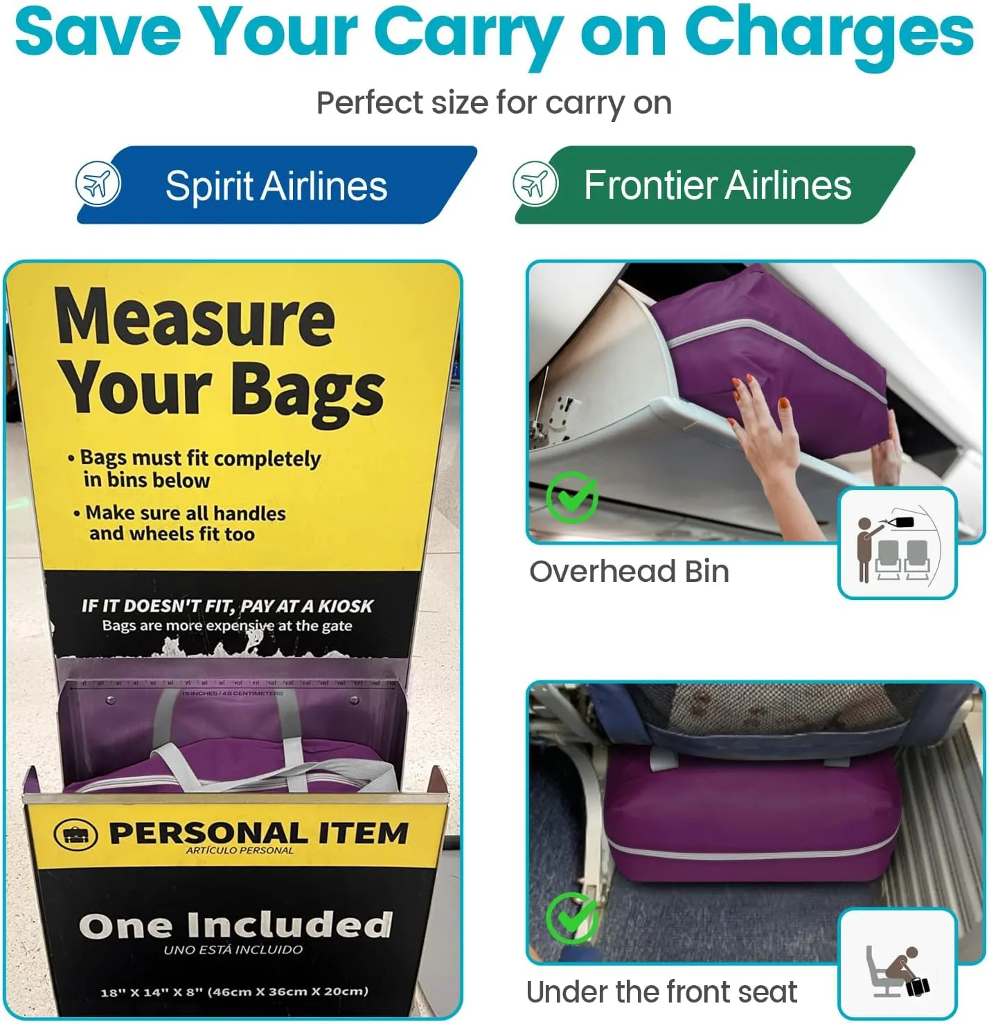 Cambond Spirit Airlines Personal Item Bag 18x14x8-30L Carry on Personal Item Travel Bags for Short Trip, Lightweight Compact Underseat Foldable Travel Duffel Bags, Purple
