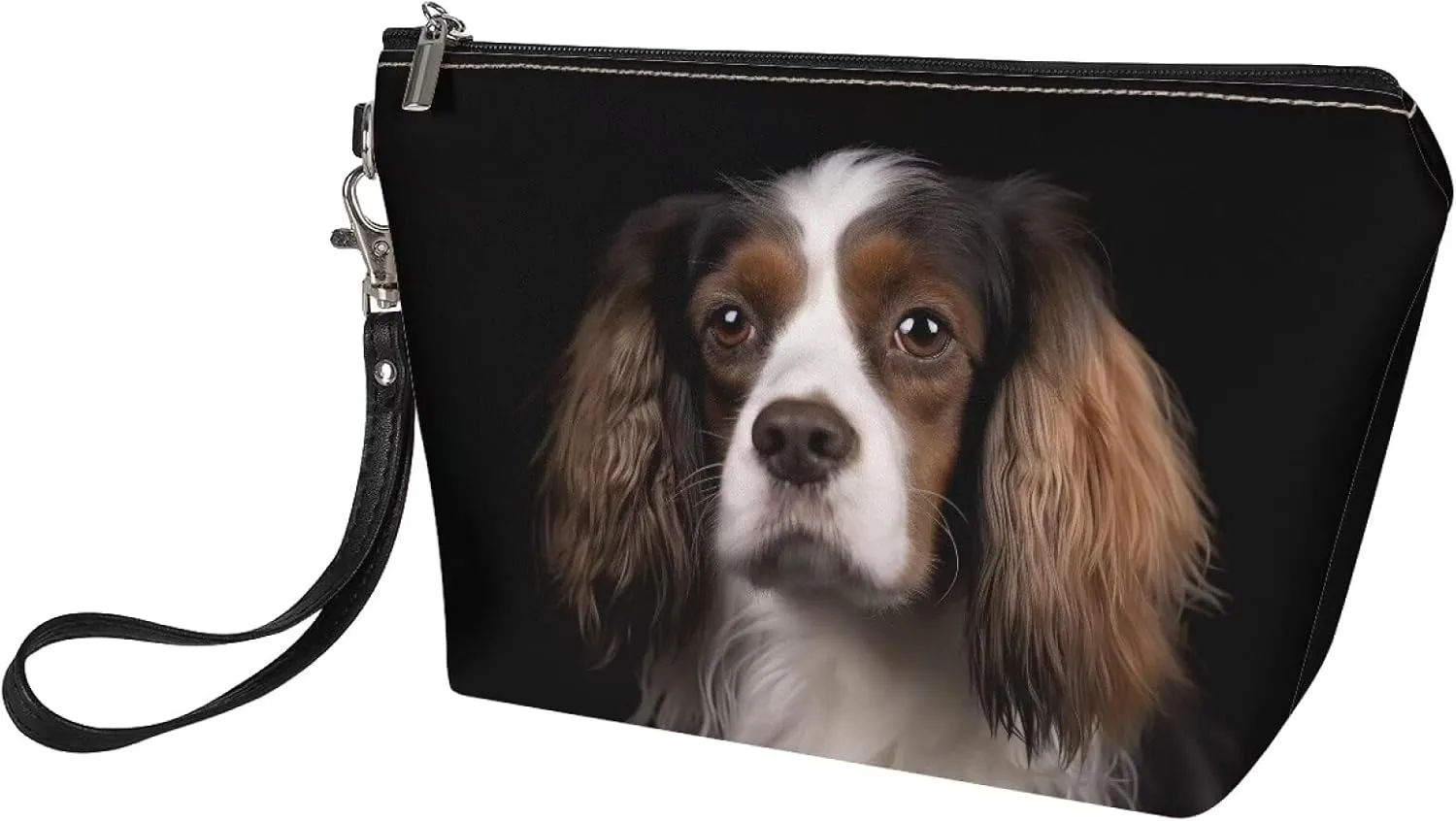 Cavalier King Charles Makeup Bag, Women Lightweight Leather Toiletry Bag with Wrist Strap, Roomy Clutch Bag Purse with Zipper for Outdoor, Black