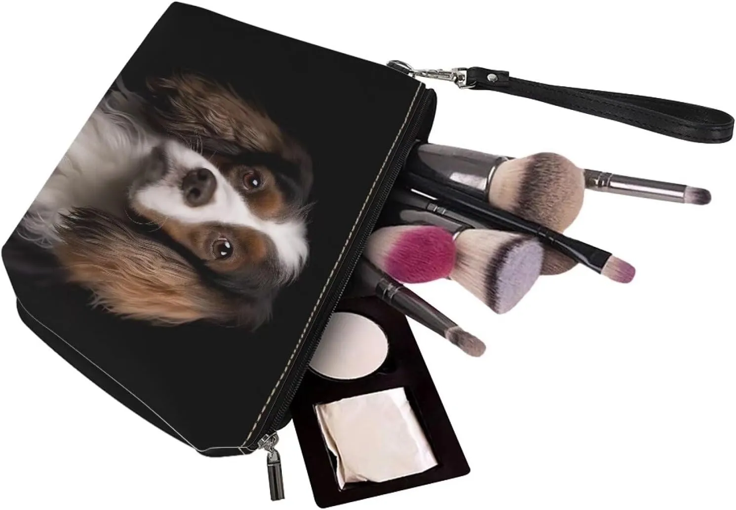 Cavalier King Charles Makeup Bag, Women Lightweight Leather Toiletry Bag with Wrist Strap, Roomy Clutch Bag Purse with Zipper for Outdoor, Black