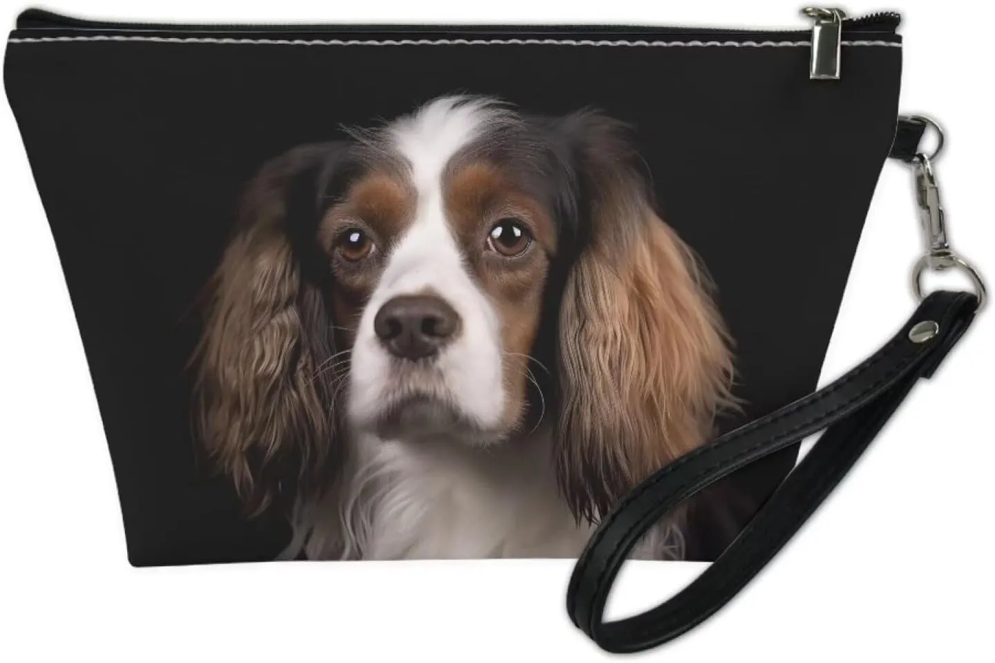 Cavalier King Charles Makeup Bag, Women Lightweight Leather Toiletry Bag with Wrist Strap, Roomy Clutch Bag Purse with Zipper for Outdoor, Black