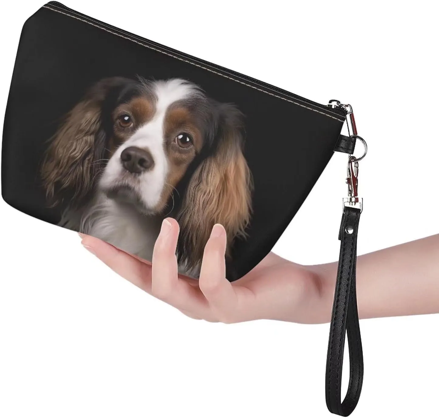 Cavalier King Charles Makeup Bag, Women Lightweight Leather Toiletry Bag with Wrist Strap, Roomy Clutch Bag Purse with Zipper for Outdoor, Black