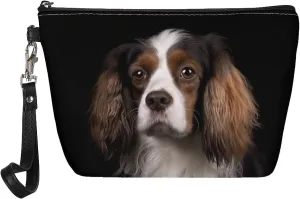 Cavalier King Charles Makeup Bag, Women Lightweight Leather Toiletry Bag with Wrist Strap, Roomy Clutch Bag Purse with Zipper for Outdoor, Black