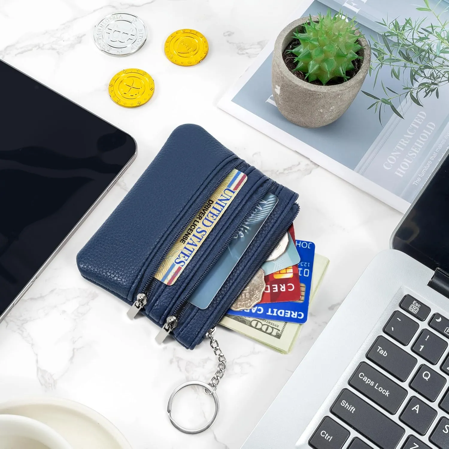 Chelmon 2 Pack Coin Purse Pouch Change Card Holder Wallet with Keychain for Women and Men (Black & Blue)