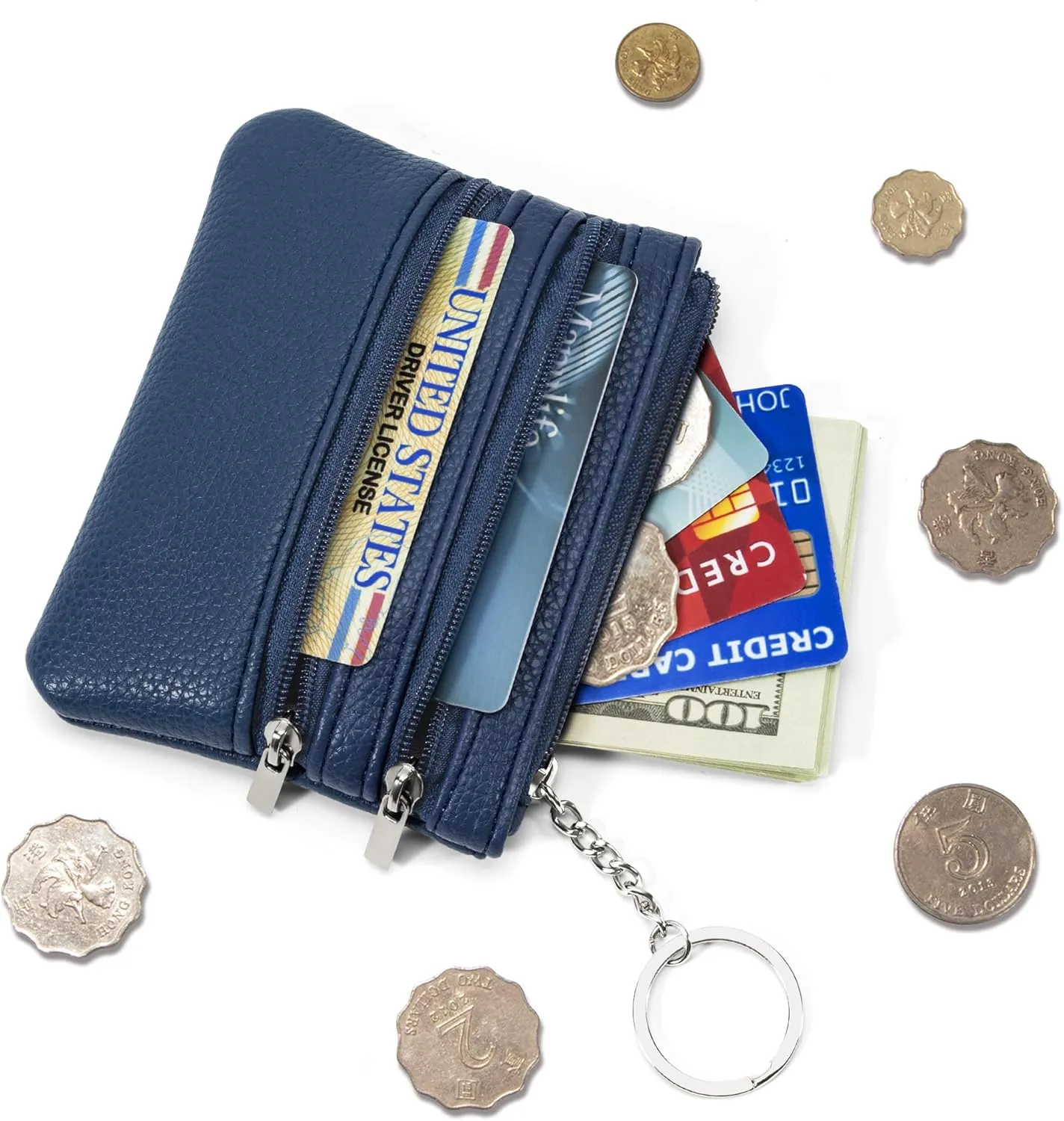 Chelmon 2 Pack Coin Purse Pouch Change Card Holder Wallet with Keychain for Women and Men (Black & Blue)
