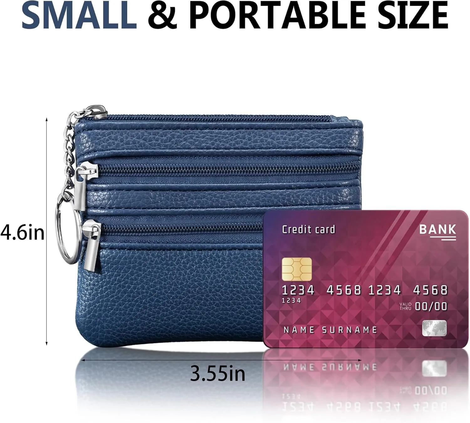 Chelmon 2 Pack Coin Purse Pouch Change Card Holder Wallet with Keychain for Women and Men (Black & Blue)