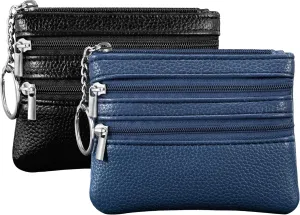 Chelmon 2 Pack Coin Purse Pouch Change Card Holder Wallet with Keychain for Women and Men (Black & Blue)