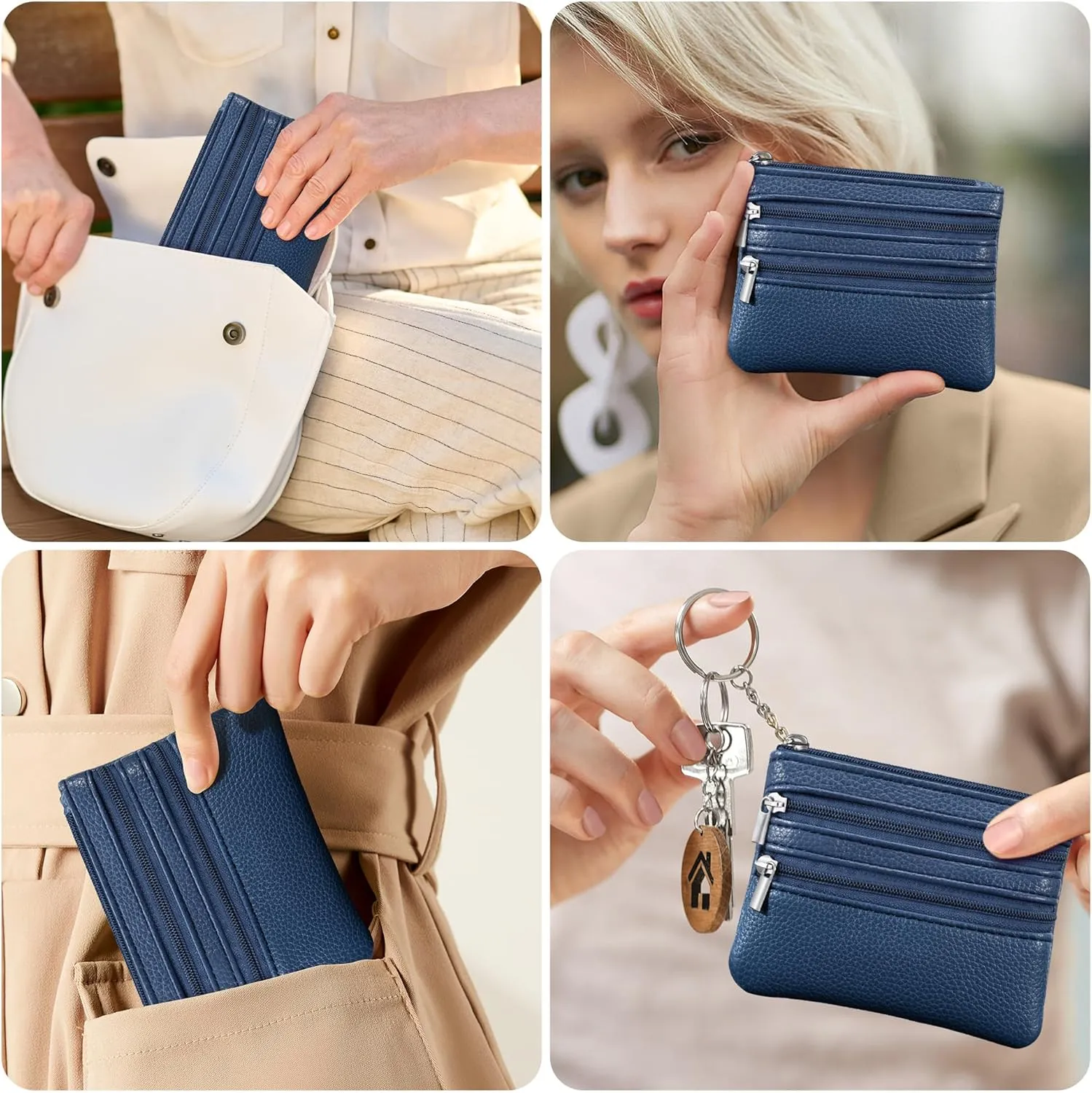 Chelmon 2 Pack Coin Purse Pouch Change Card Holder Wallet with Keychain for Women and Men (Black & Blue)