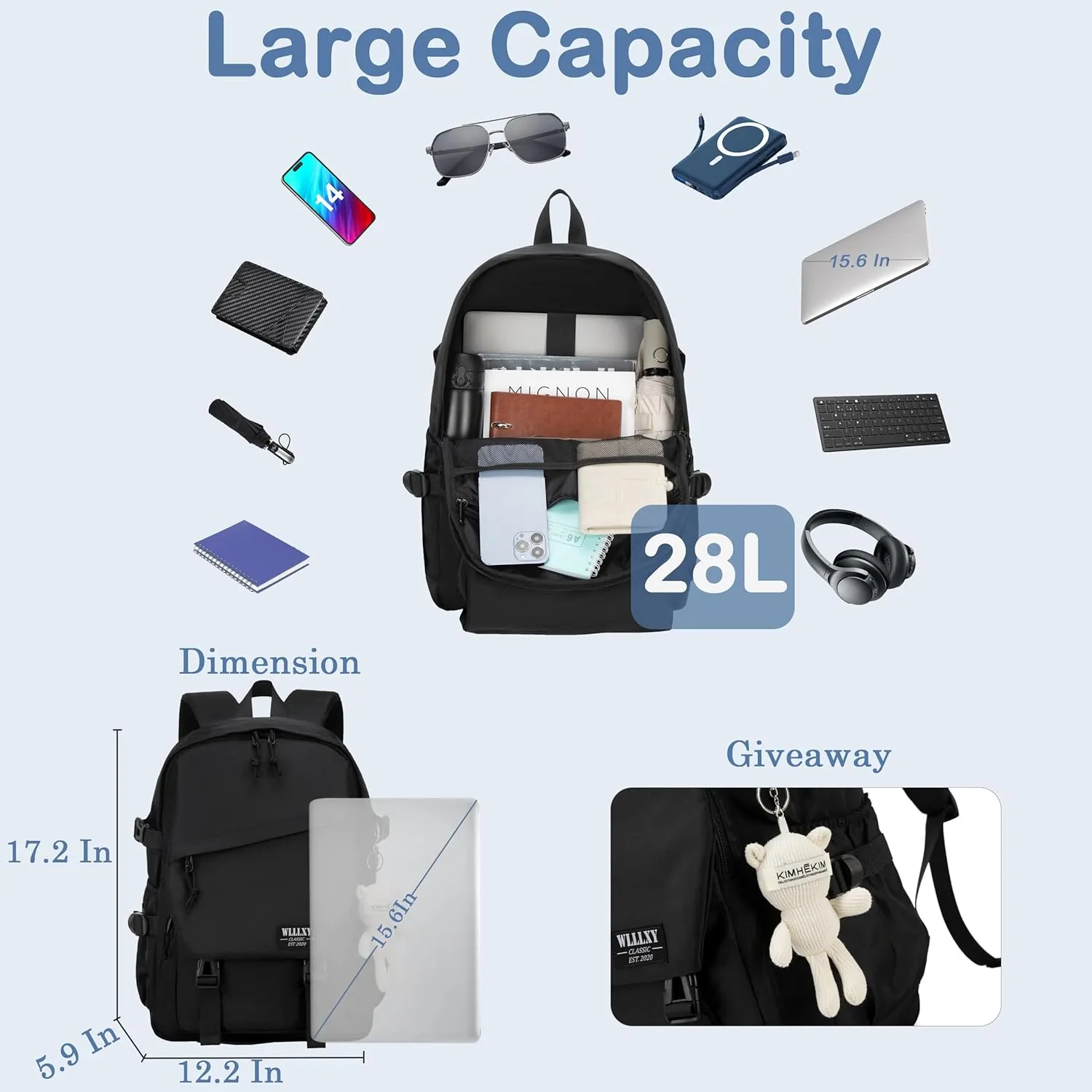 College Laptop Backpack for Men Women 15.6 Elementary Middle High School Book Bag For Teens Girls Boys Anti Theft Travel Backpacks Waterproof Casual Daypack Large Student BookbagsBlack-M