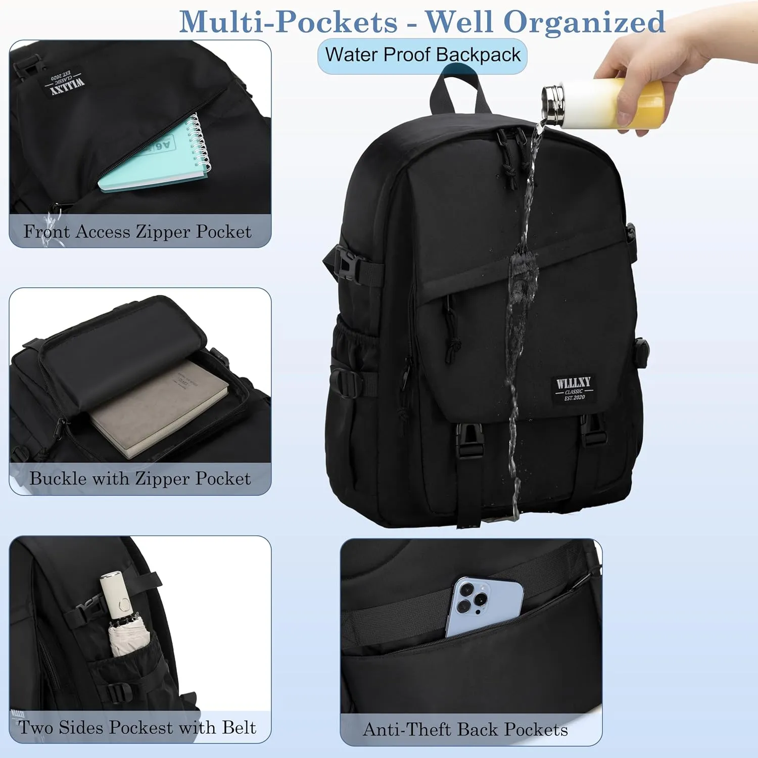 College Laptop Backpack for Men Women 15.6 Elementary Middle High School Book Bag For Teens Girls Boys Anti Theft Travel Backpacks Waterproof Casual Daypack Large Student BookbagsBlack-M