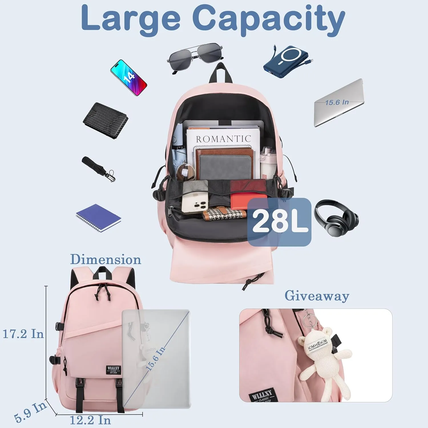 College Laptop Backpack for Men Women 15.6 Elementary Middle High School Book Bag For Teens Girls Boys Anti Theft Travel Backpacks Waterproof Casual Daypack Large Student BookbagsPink-M