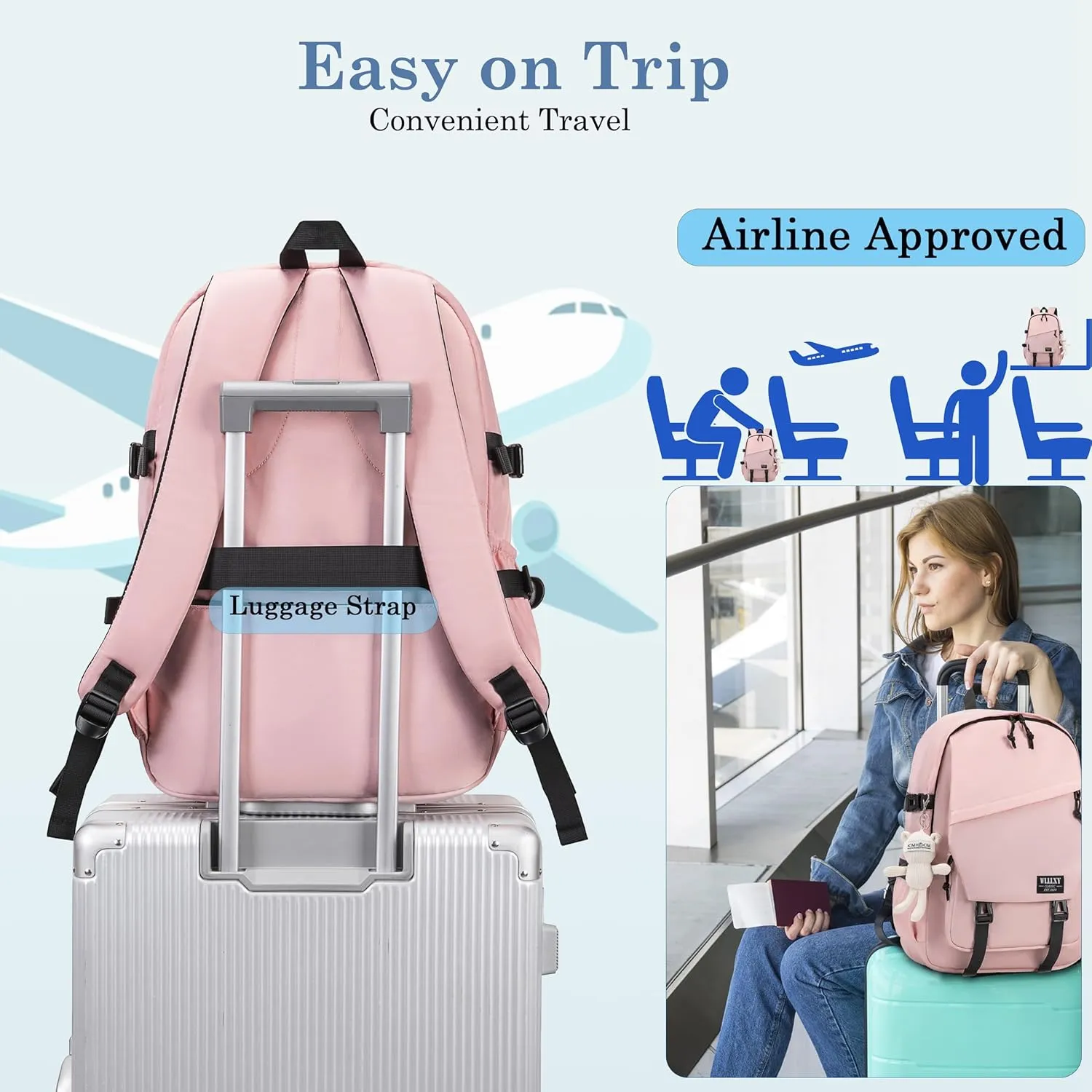 College Laptop Backpack for Men Women 15.6 Elementary Middle High School Book Bag For Teens Girls Boys Anti Theft Travel Backpacks Waterproof Casual Daypack Large Student BookbagsPink-M