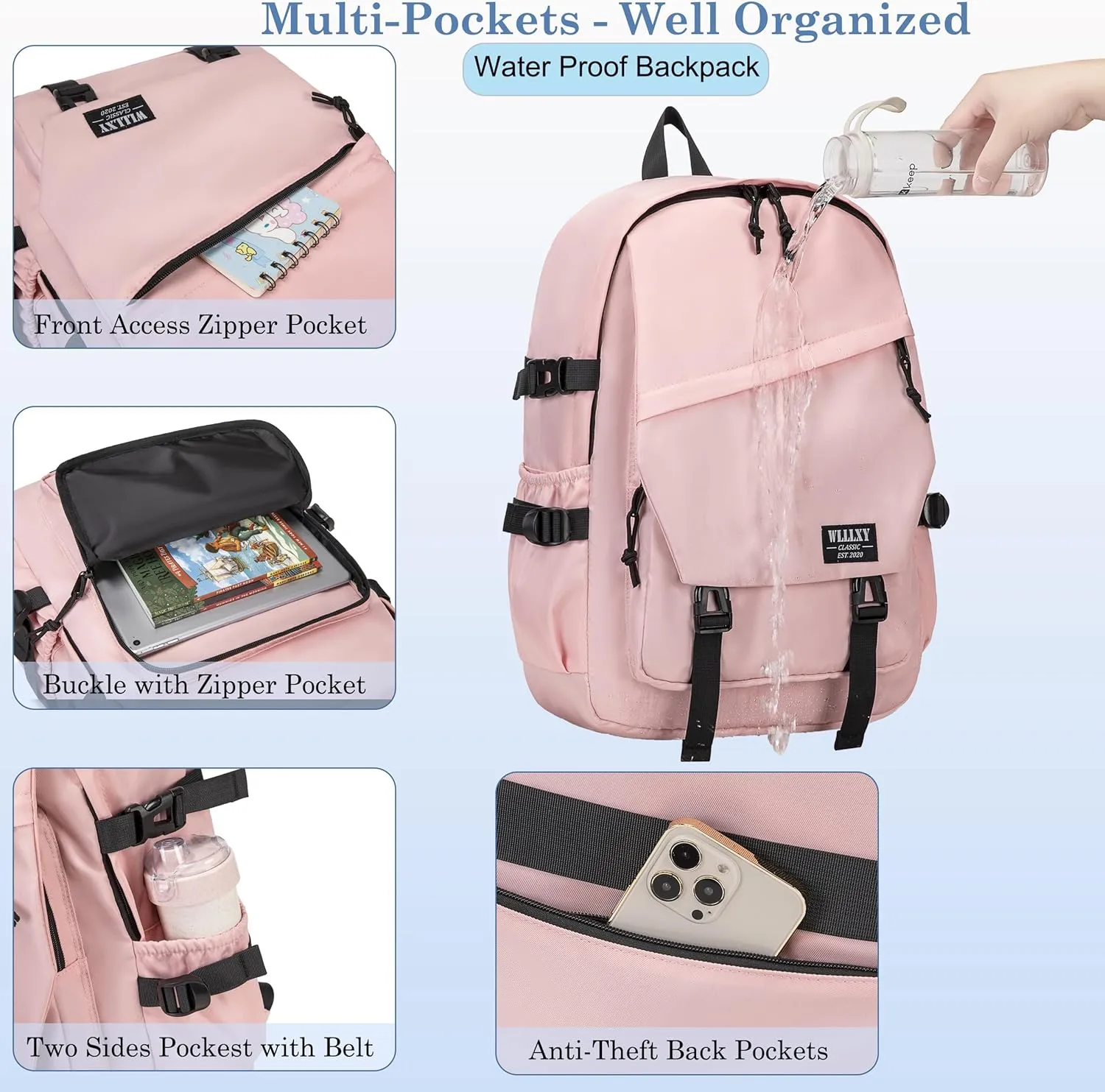 College Laptop Backpack for Men Women 15.6 Elementary Middle High School Book Bag For Teens Girls Boys Anti Theft Travel Backpacks Waterproof Casual Daypack Large Student BookbagsPink-M