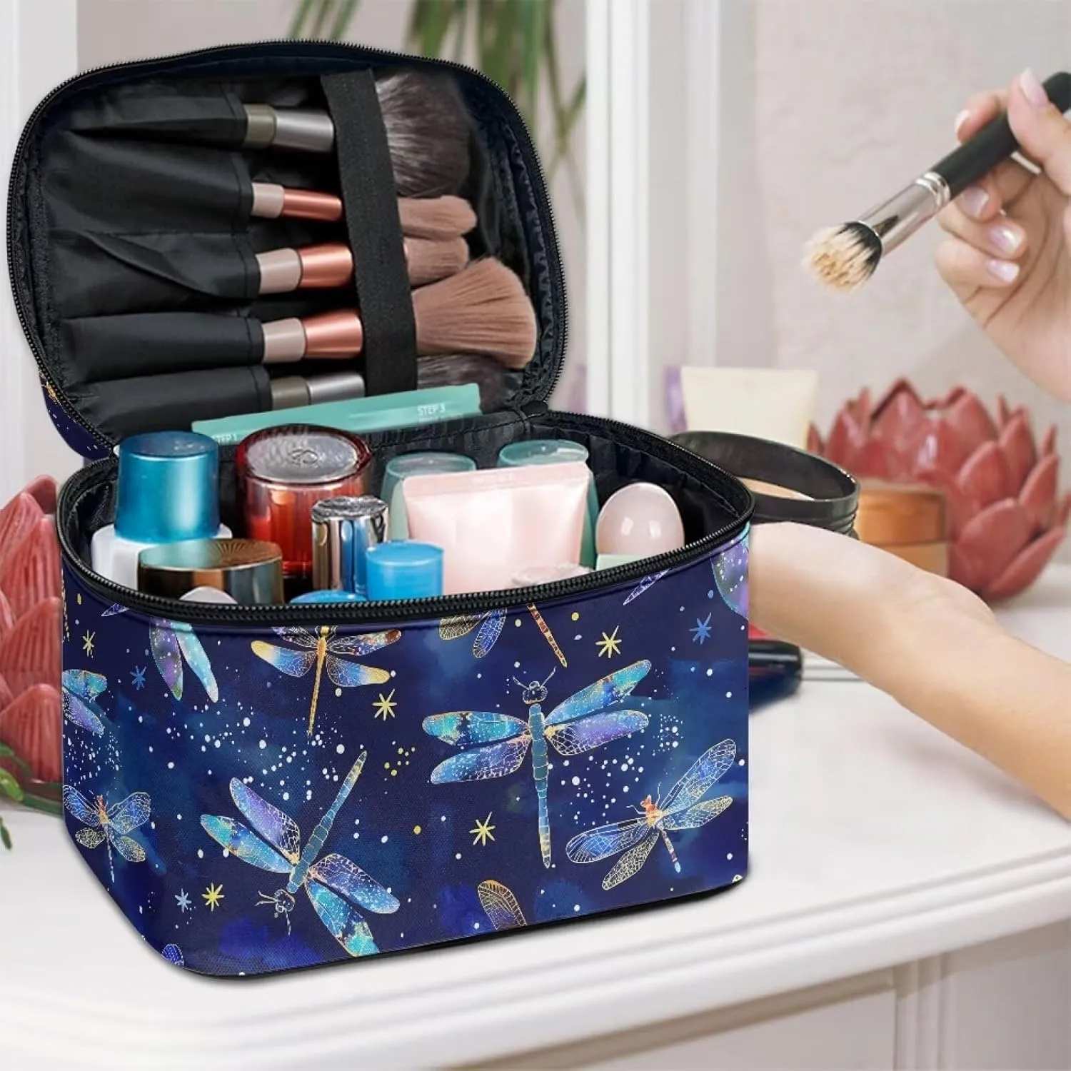 Comestic Bag for Women Blue Dragonfly Printed Makeup Brush Bag Exquisite Portable Travel Case for Toiletries Skin-Care Products with Versatile Uses
