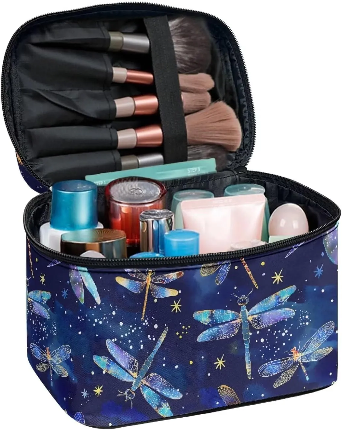 Comestic Bag for Women Blue Dragonfly Printed Makeup Brush Bag Exquisite Portable Travel Case for Toiletries Skin-Care Products with Versatile Uses