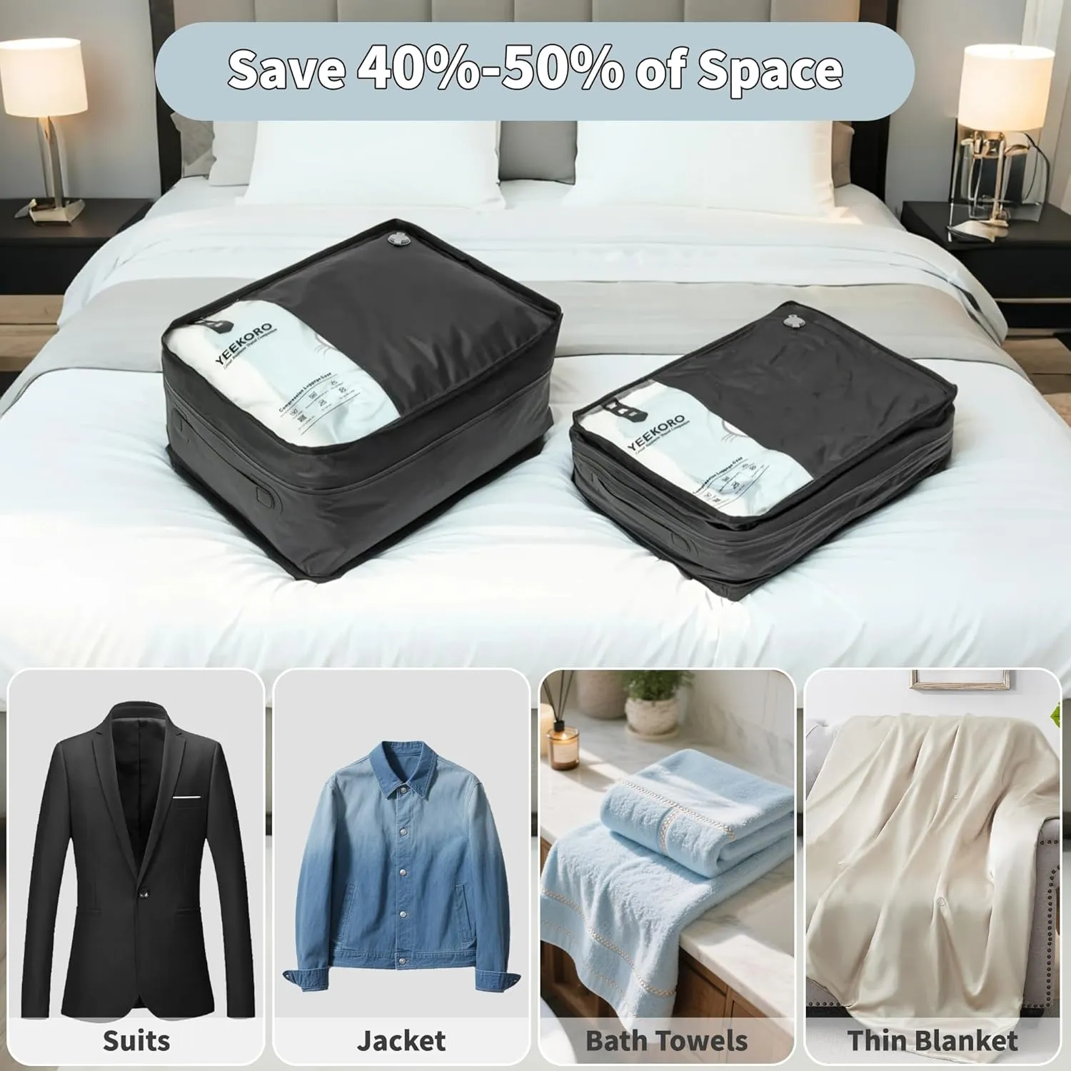 Compression Packing Cubes for Travel, Vacuum Bags for Business Trip, Professional IP67 Reusable Packing Cubes for 20 inch Suitcases, Organizer Bags for Luggage for Women & Men(1 PACK, No Pump)