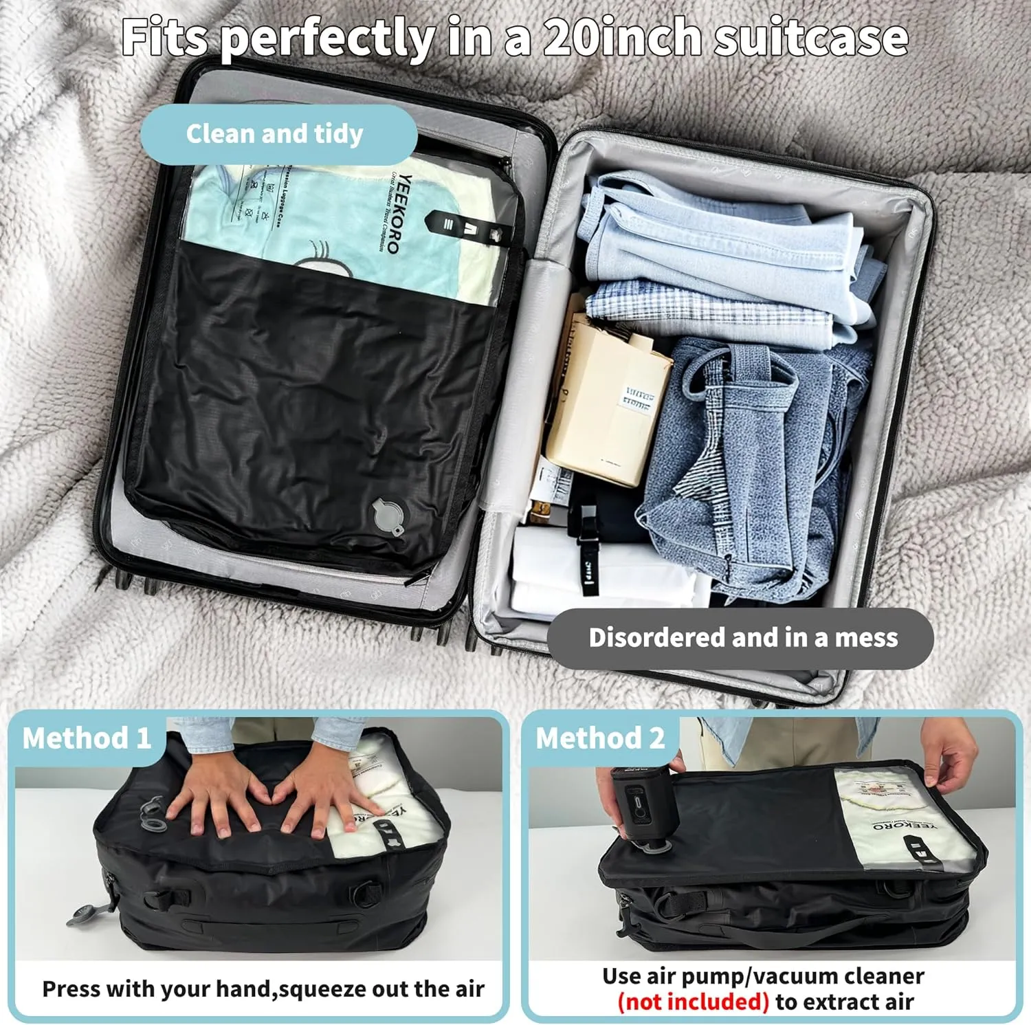Compression Packing Cubes for Travel, Vacuum Bags for Business Trip, Professional IP67 Reusable Packing Cubes for 20 inch Suitcases, Organizer Bags for Luggage for Women & Men(1 PACK, No Pump)