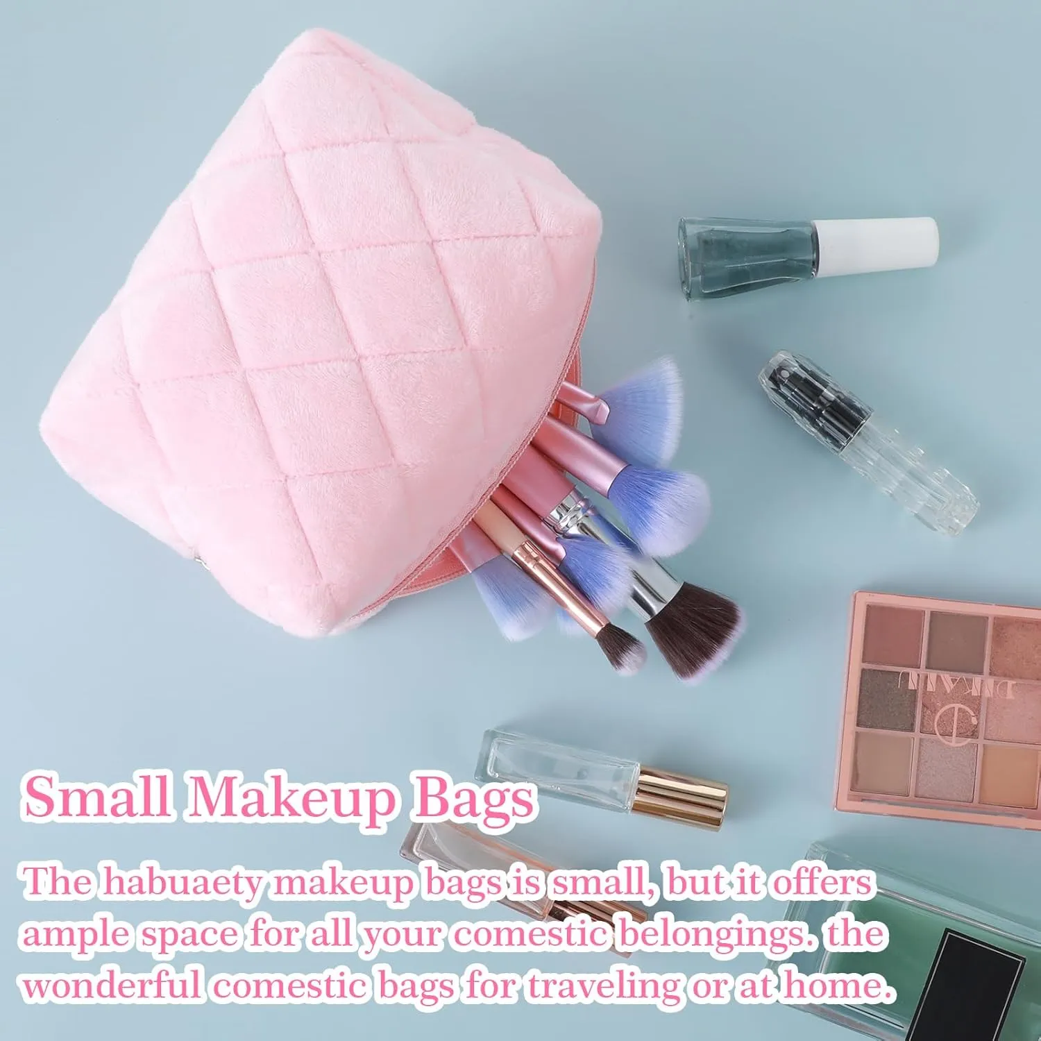 Cosmetics Bag, Small Fluffy Makeup Bag, Pink Y2K Checkered Cosmetic Travel Bags for Women, Cute Trendy Skincare Bags for Toiletry and Makeup Storage, Compact Make Up Travel Bag Toiletry Bags