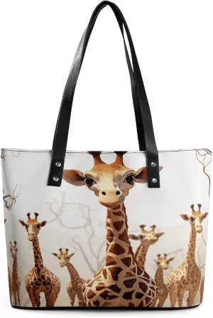 Cute Cartoon Funny Giraffes Leather Lady's Handbag Crossbody Purse for Women Ladies Soft Shoulder Bag Medium Roomy Handbag Fashion Tote Top Handle Satchel